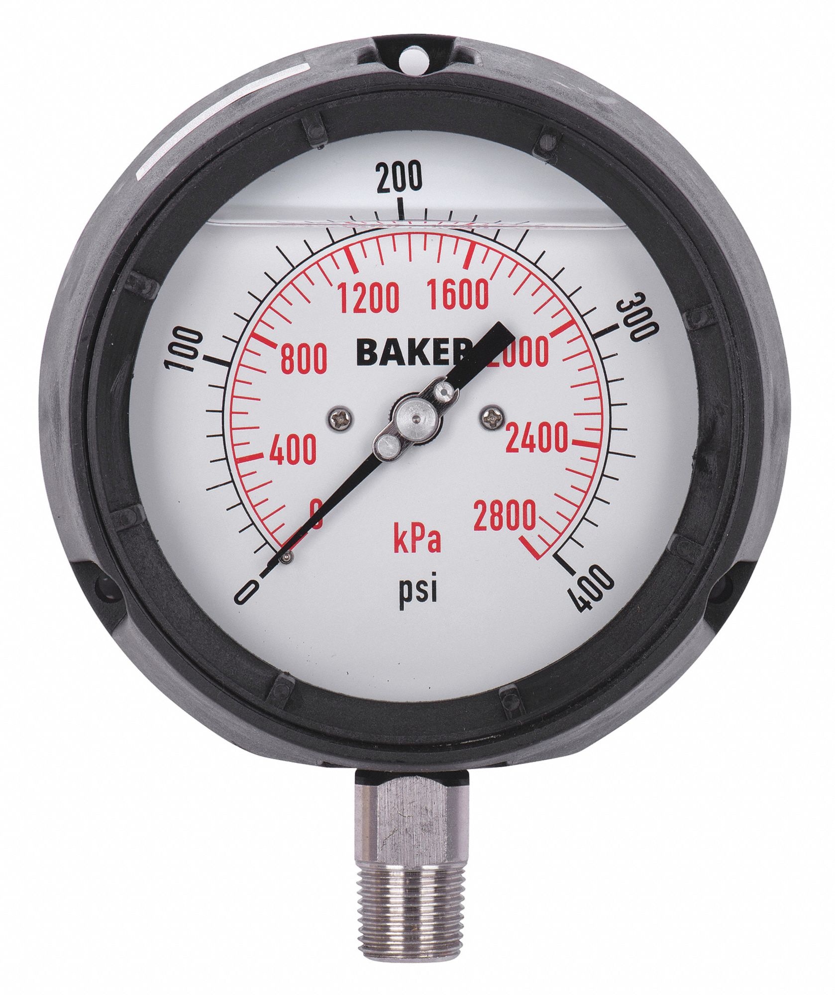 PRESSURE GAUGE, WITH NIST CERTIFICATE, BOTTOM MOUNT, 0-400 PSI, BLACK, 1/2 IN MNPT
