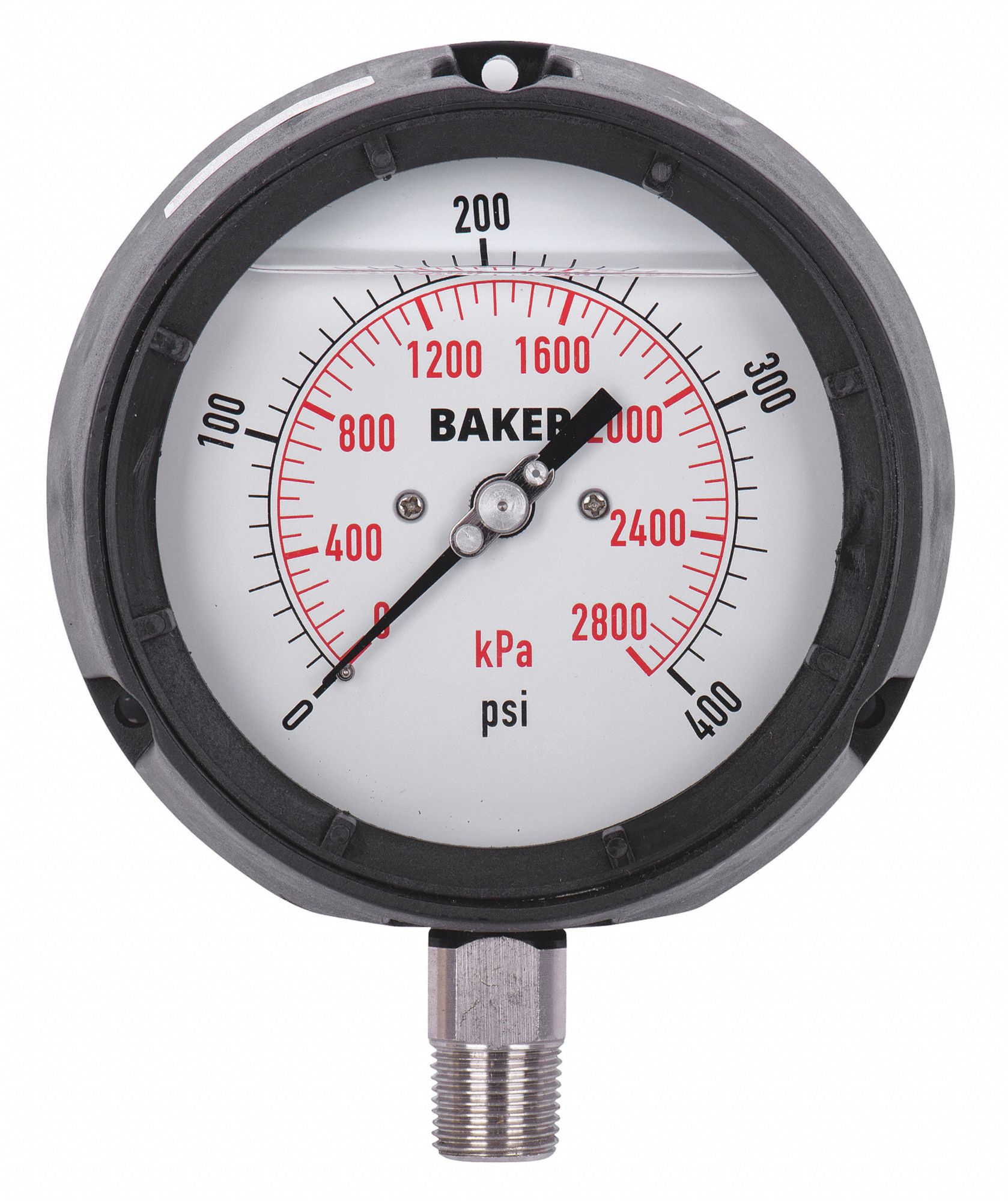 PRESSURE GAUGE, BOTTOM MOUNT, SILICONE-FILLED, 0-400 PSI, BLACK, 4 1/2 IN, 1/2 IN MNPT