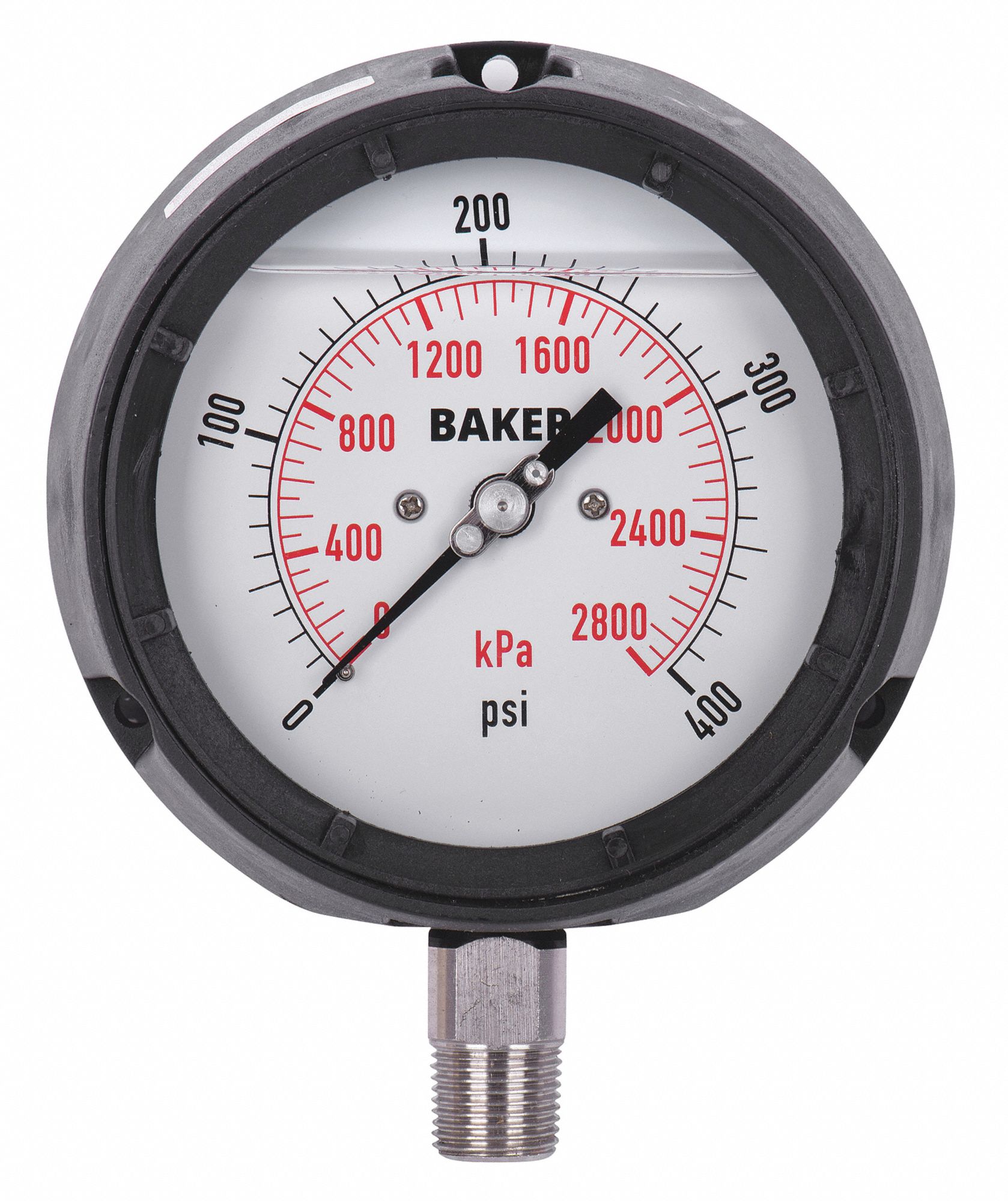 PRESSURE GAUGE, BOTTOM MOUNT, SILICONE-FILLED, 0-400 PSI, BLACK, 4 1/2 IN, 1/4 IN MNPT