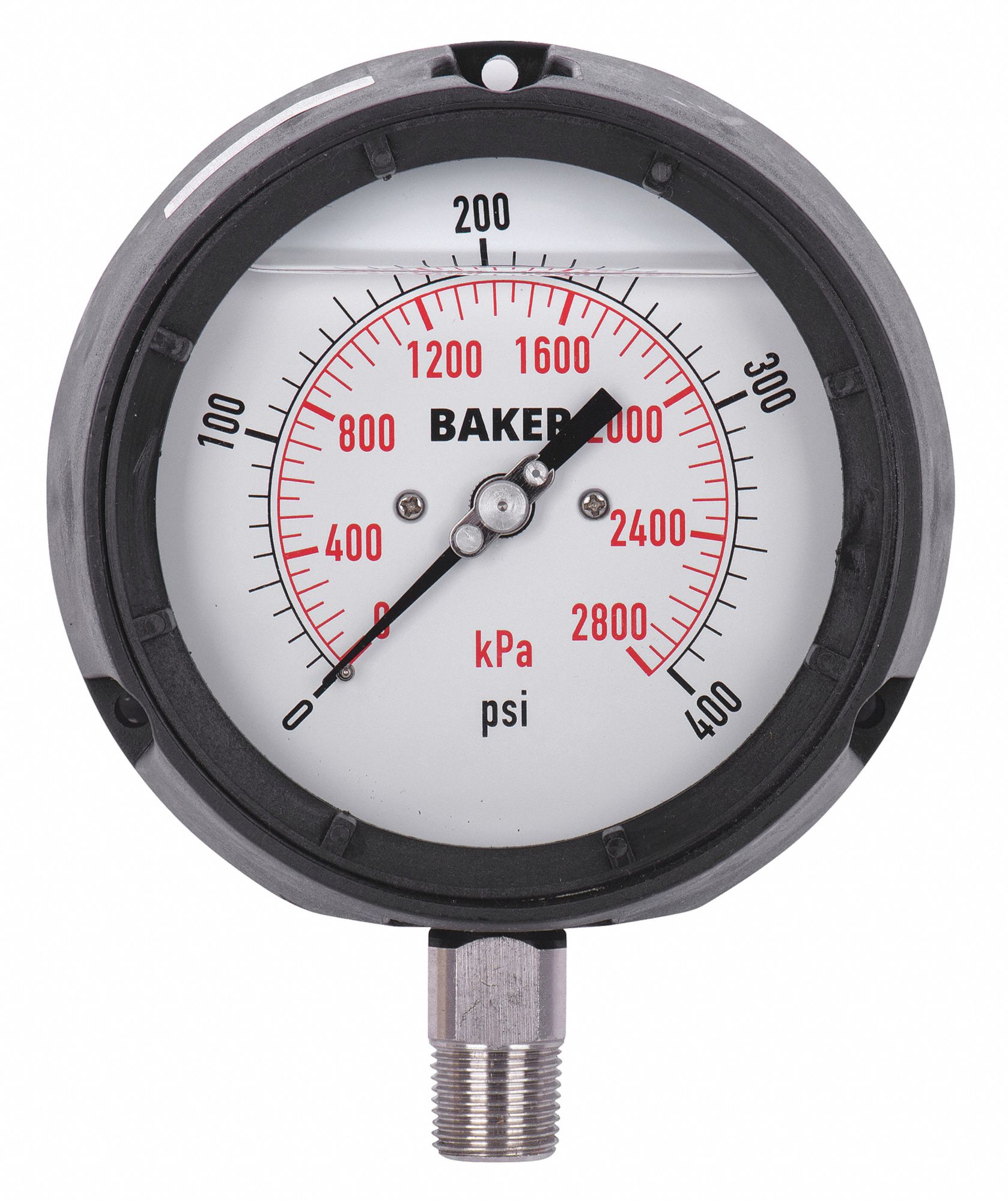 PRESSURE GAUGE, WITH NIST CERTIFICATE, BOTTOM MOUNT, 0-400 PSI, BLACK, 1/4 IN MNPT