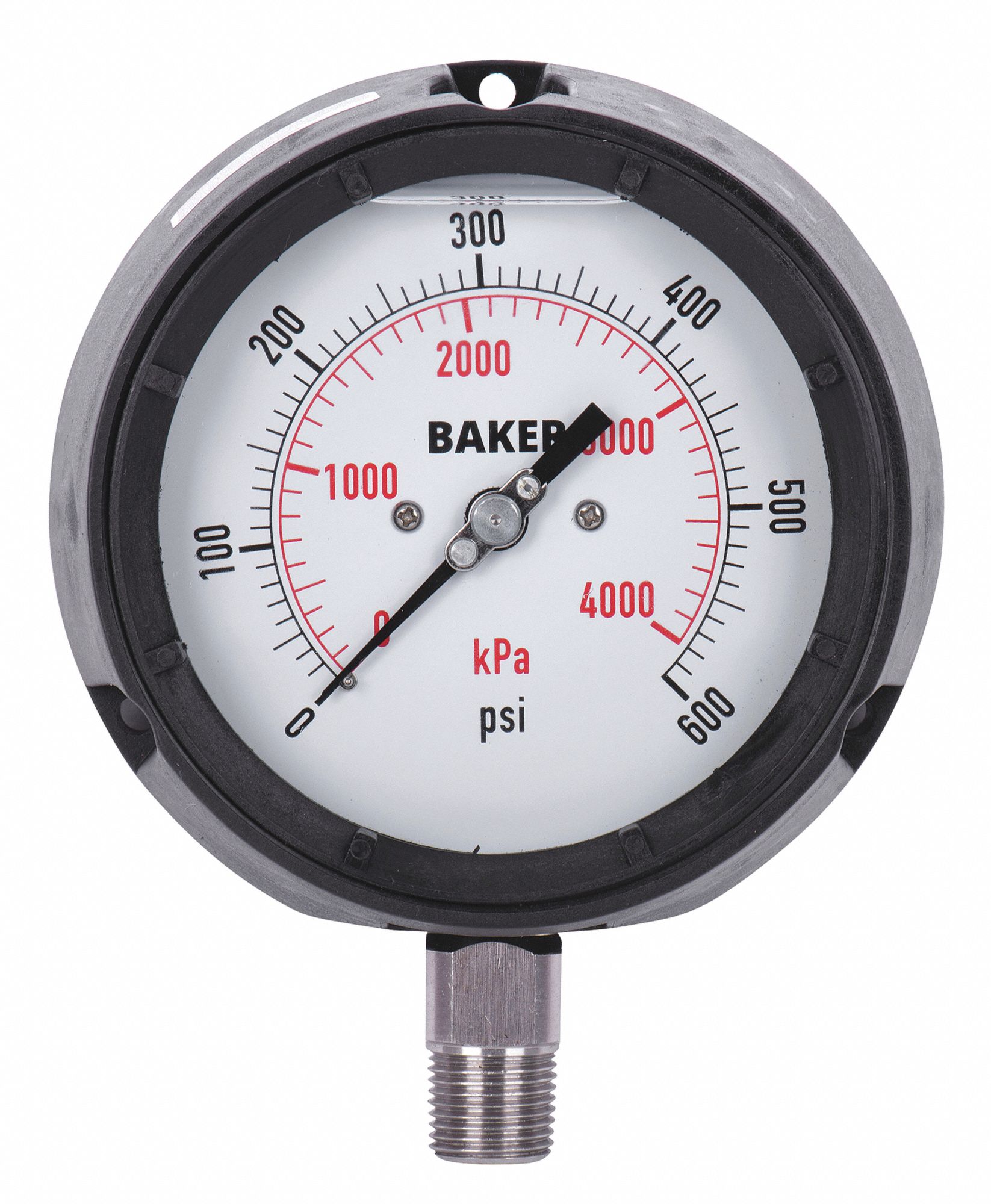 PRESSURE GAUGE, BOTTOM MOUNT, SILICONE-FILLED, 0-600 PSI, BLACK, 4 1/2 IN, 1/2 IN MNPT