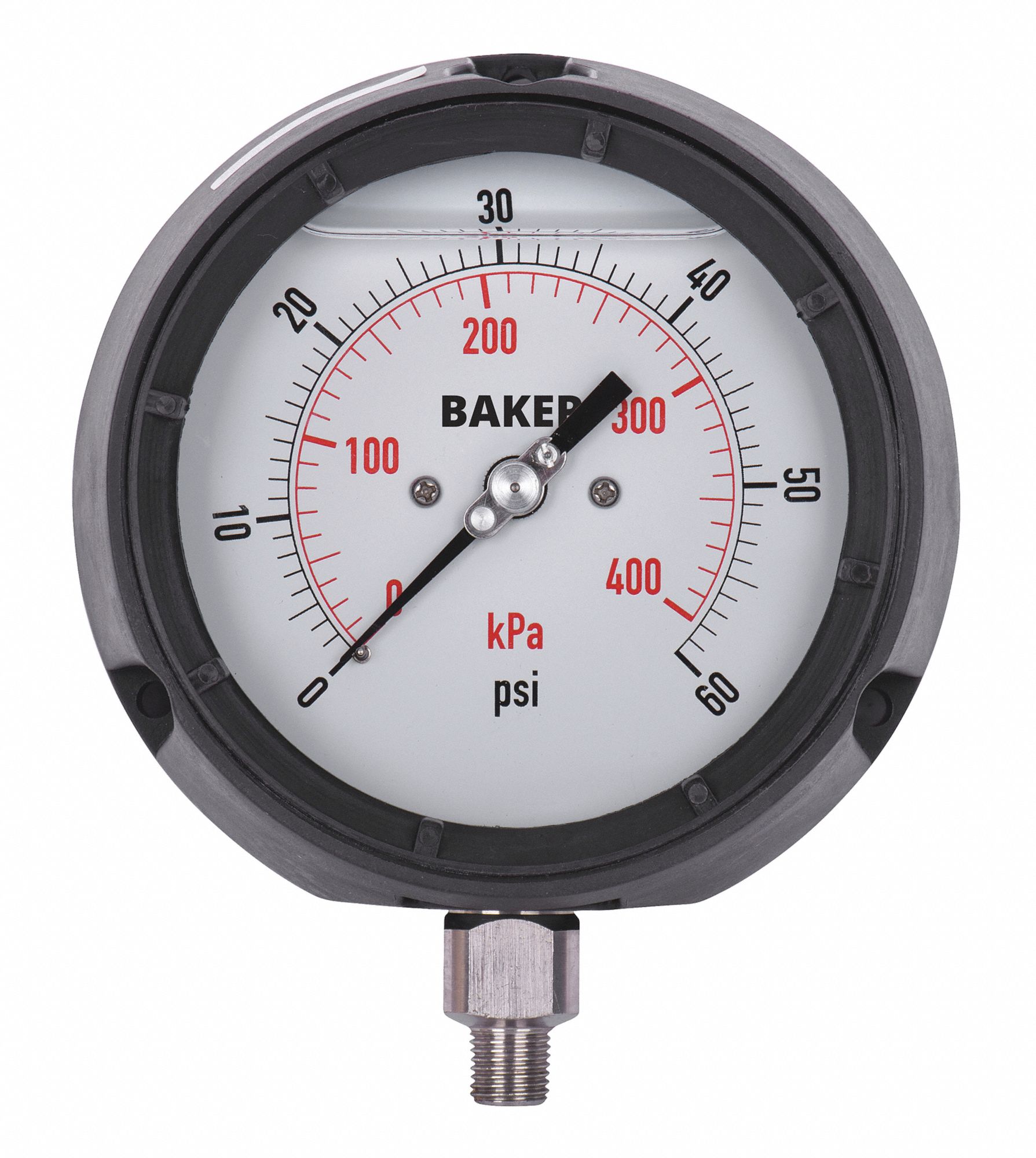 PRESSURE GAUGE, WITH NIST CERTIFICATE, BOTTOM MOUNT, 0-60 PSI, BLACK, 1/2 IN MNPT