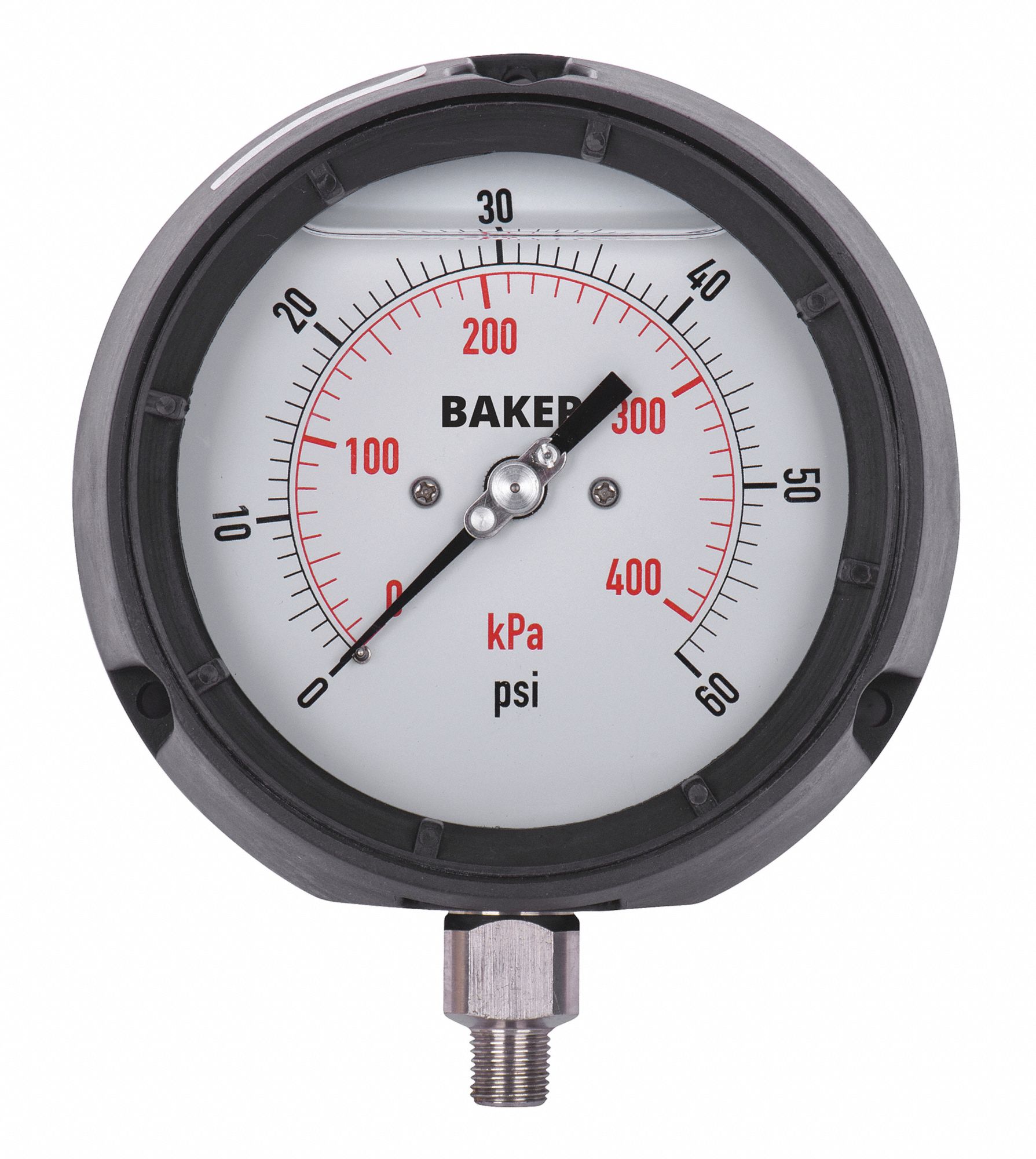 PRESSURE GAUGE, BOTTOM MOUNT, SILICONE-FILLED, 0-60 PSI, BLACK, 4 1/2 IN, 1/2 IN MNPT