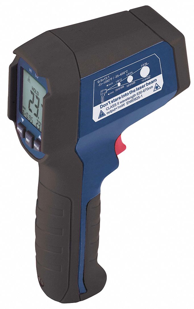 INFRARED THERMOMETER, LCD, FOC SPOT SZ/DIST 1 IN, 12 IN, 9V, 250 MSEC RESPONSE, TEMP ACC +/- 1.8%