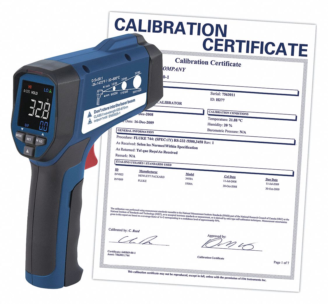 INFRARED THERMOMETER W NIST CERT, LCD, FOC SPOT SZ/DIST 1 IN AT 30 IN, 9V, TEMP ACC +/- 1.8%