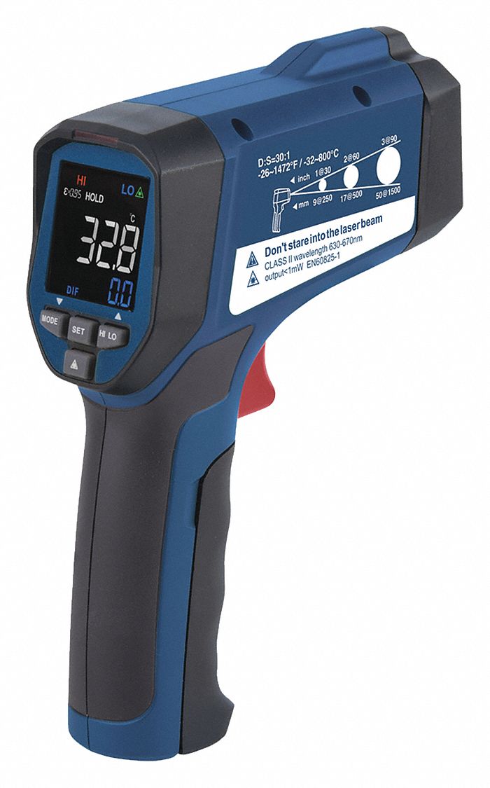 INFRARED THERMOMETER, LCD, FOC SPOT SZ/DIST 1 IN, 30 IN, 9V, 250 MSEC RESPONSE, TEMP ACC +/- 1.8%