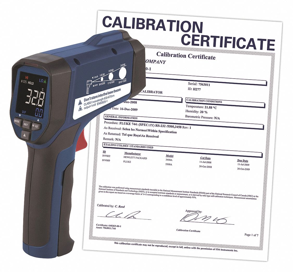 INFRARED THERMOMETER W NIST CERT, LCD, FOC SPOT SZ/DIST 1 IN, 50 IN, 9V, TEMP ACC +/- 1.8%