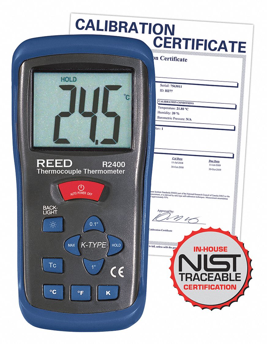 THERMOCOUPLE THERMOMETER W CERTIFICATE, TYPE K, DATA HOLD/MAX VALUE, 9V, +/- 2 DEGREE ACCURACY