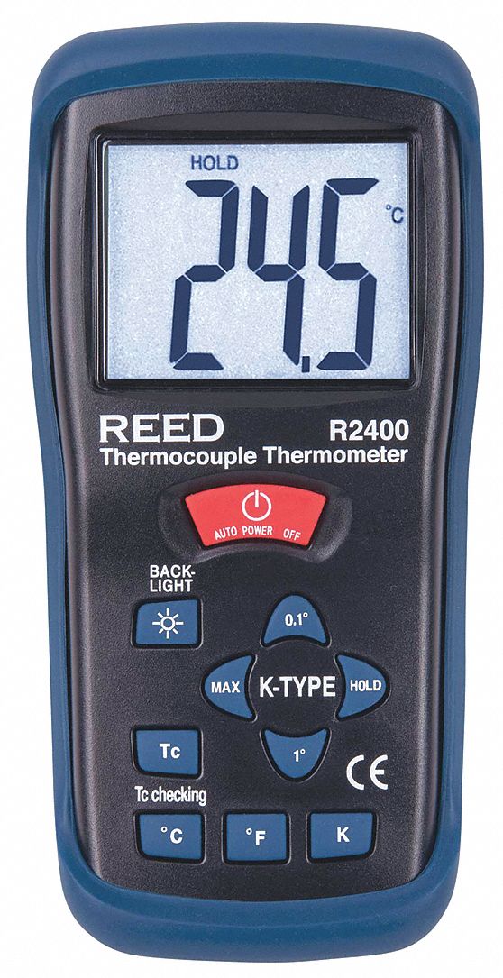 THERMOCOUPLE THERMOMETER, TYPE K, DATA HOLD/MAX VALUE, 9V BATTERY, +/- 2 DEGREE ACCURACY