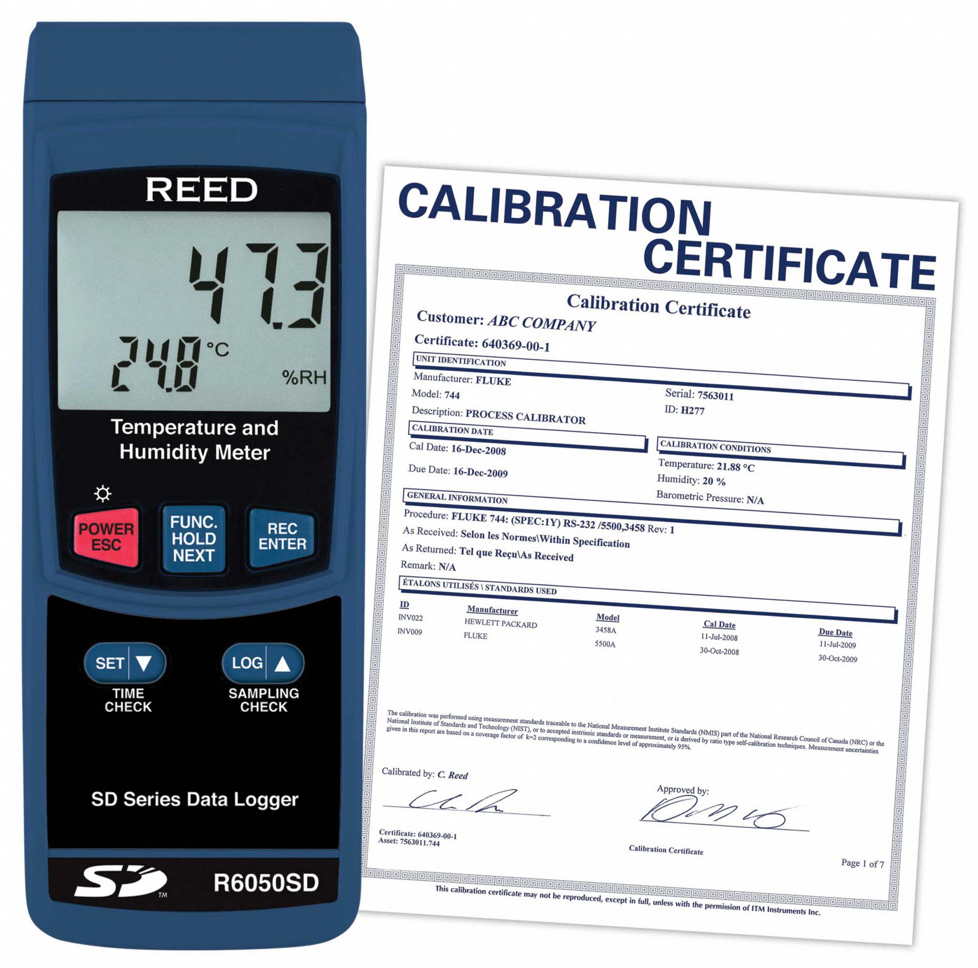 TEMPERATURE HUMIDITY METER, CERTIFICATE, LCD DISPLAY, 0-50 ° C TEMP RANGE, 8 IN PROBE L, 36 IN CORD