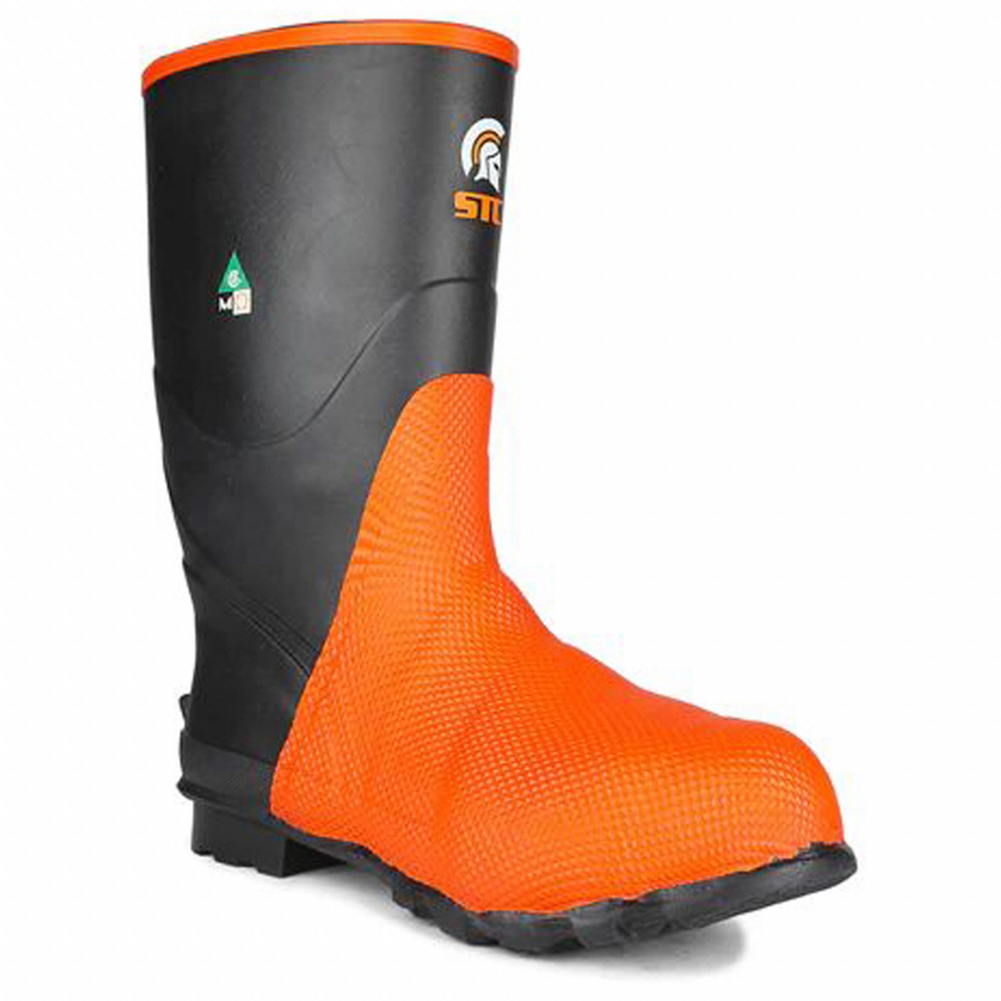 WORK BOOTS, KNEE/MENS/STEEL TOE, BLACK/ORANGE, SIZE 9/13 1/2 IN H/M WIDE, STEEL/NATURAL RUBBER