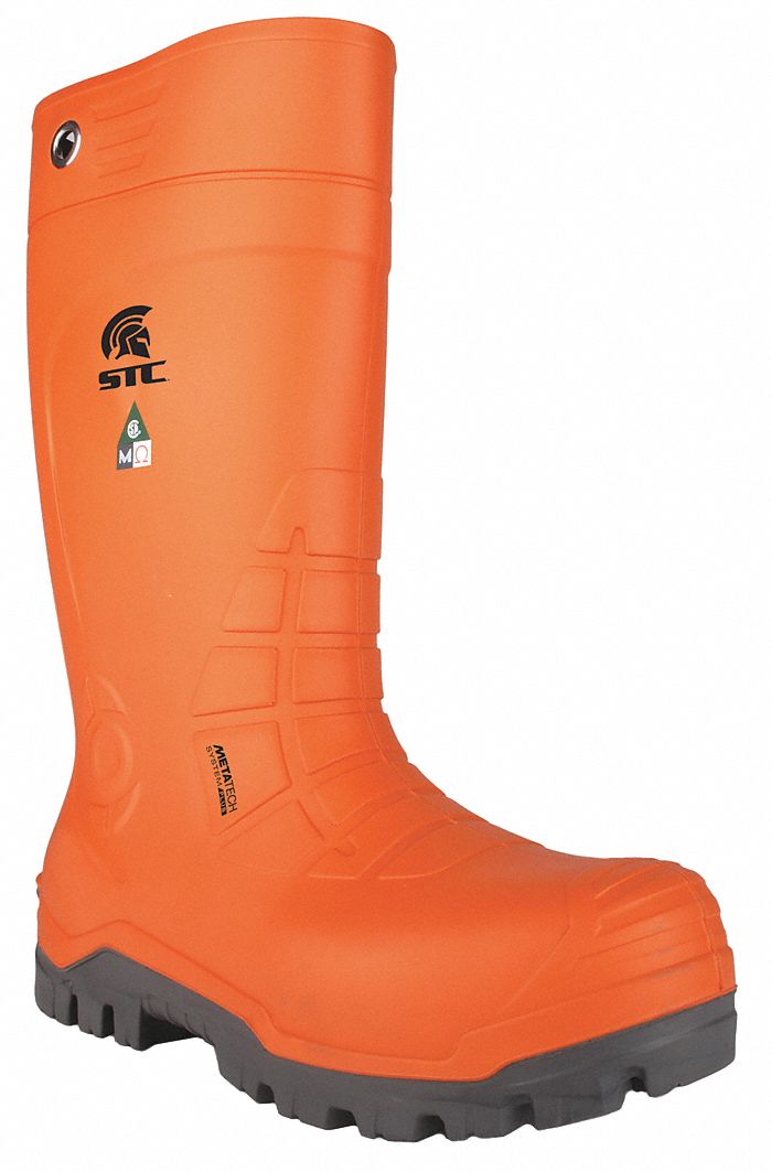 WORK BOOTS, MENS/KNEE/WATERPROOF/INSULATED/COMPOSITE TOE, ORANGE, SIZE 12/15 IN H/M WIDE, PU