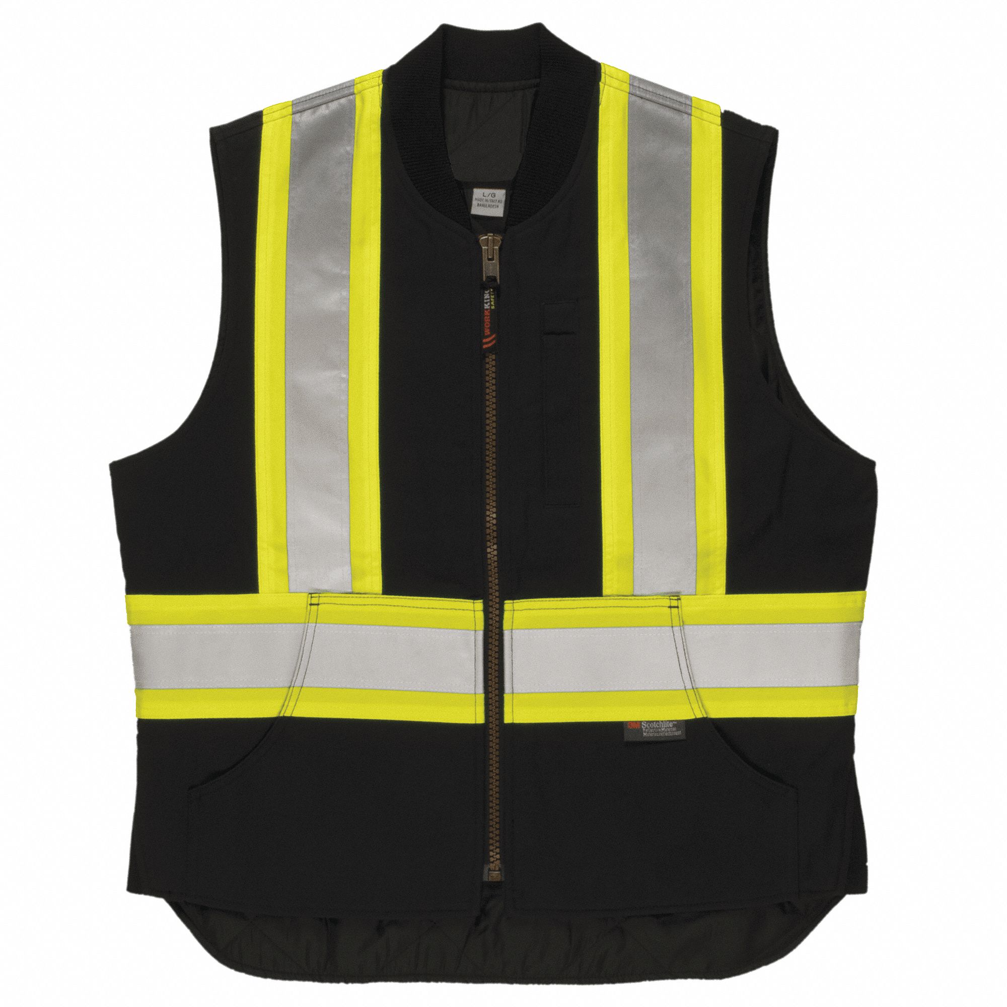 MEN'S SAFETY VEST, 2XL, BLK, COTTON DUCK, ZIPPER, CSA, SIDE INSERTS, REFLECTIVE, POCKETS