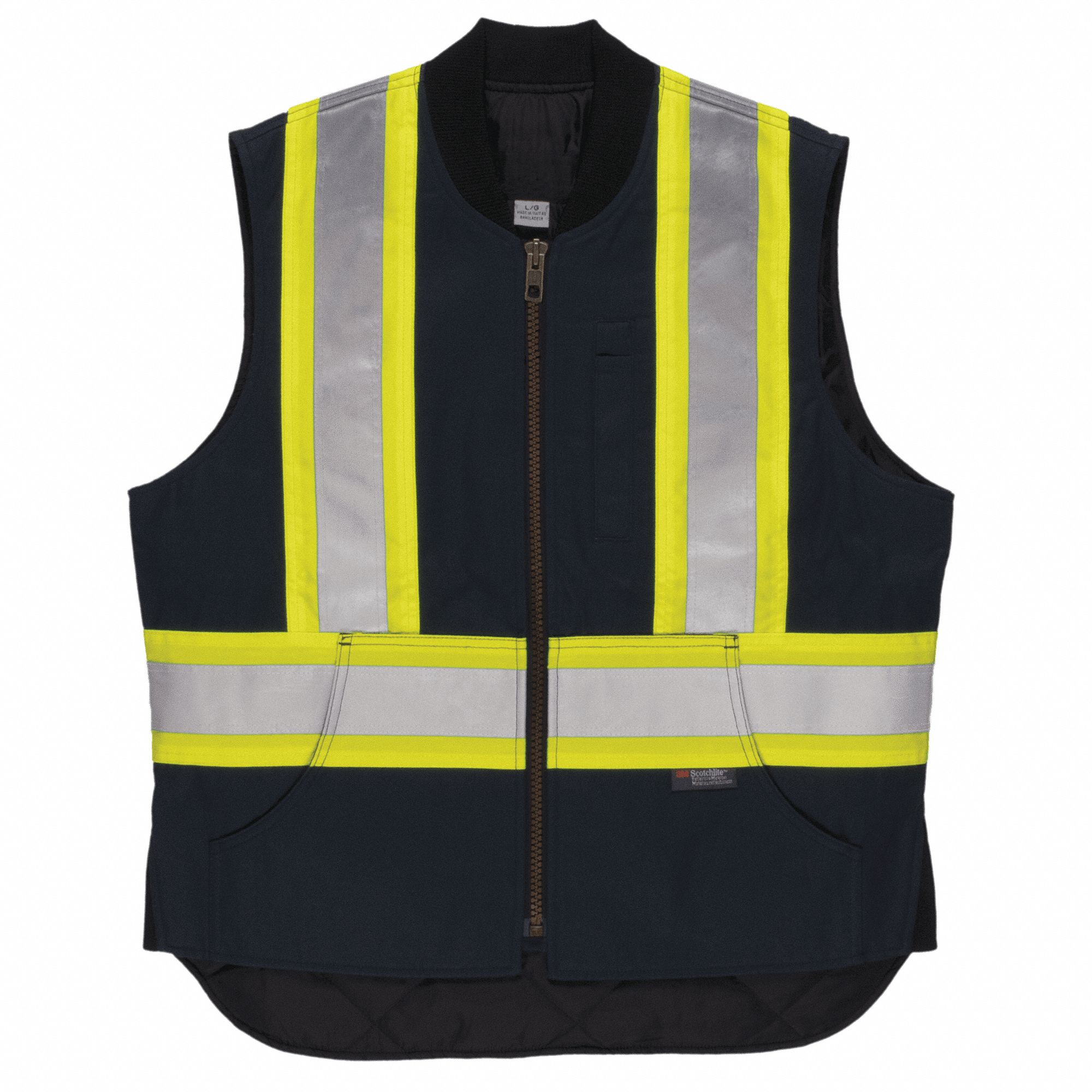 MEN'S SAFETY VEST, XL, NAVY, COTTON DUCK, ZIPPER, CSA, SIDE INSERTS, REFLECTIVE, POCKETS