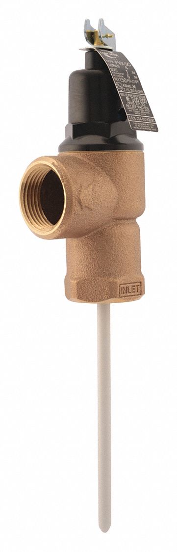 TEMP/PRESSURE RELIEF VALVE, 150 PSI/MAX TEMP 210 ° F/750K BTUH, FNPT, STEEL/BRONZE