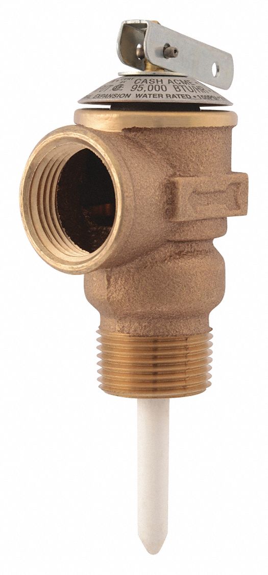 TEMP/PRESSURE RELIEF VALVE, MAX TEMP 210 ° F/150 PSI/95K BTUH, 3/4 IN MNPT/FNPT, BRONZE/STEEL