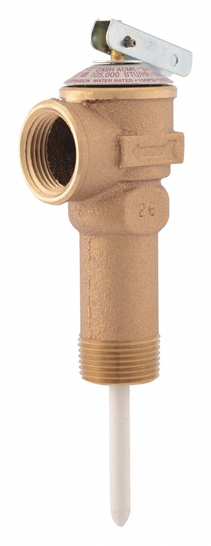 TEMP/PRESSURE RELIEF VALVE, MAX TEMP 210 ° F/150 PSI/105K BTUH, 3/4 IN MNPT/FNPT, BRONZE/STEEL