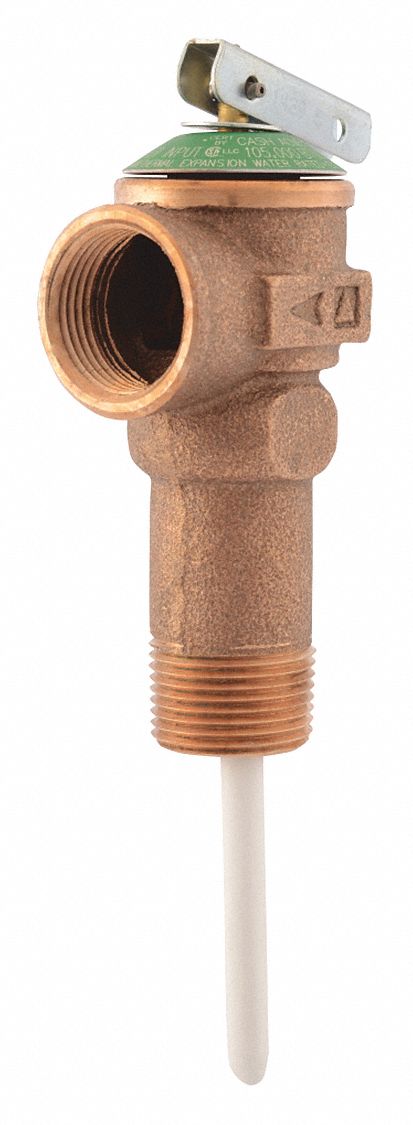 TEMP/PRESSURE RELIEF VALVE, 150 PSI/MAX TEMP 210 ° F/105K BTUH, 3/4 IN MNPT/FNPT, BRONZE/STEEL