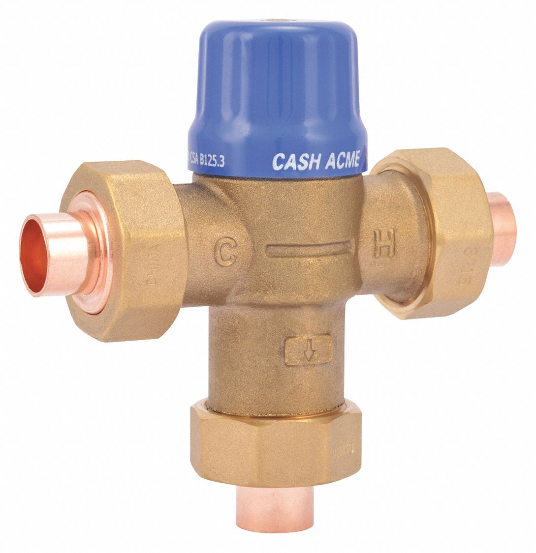 THERMOSTATIC MIXING VALVE, FOR HOT WATER, 1/2 IN SWEAT, 2 5/32 X 5 5/8 IN, DZR BRASS