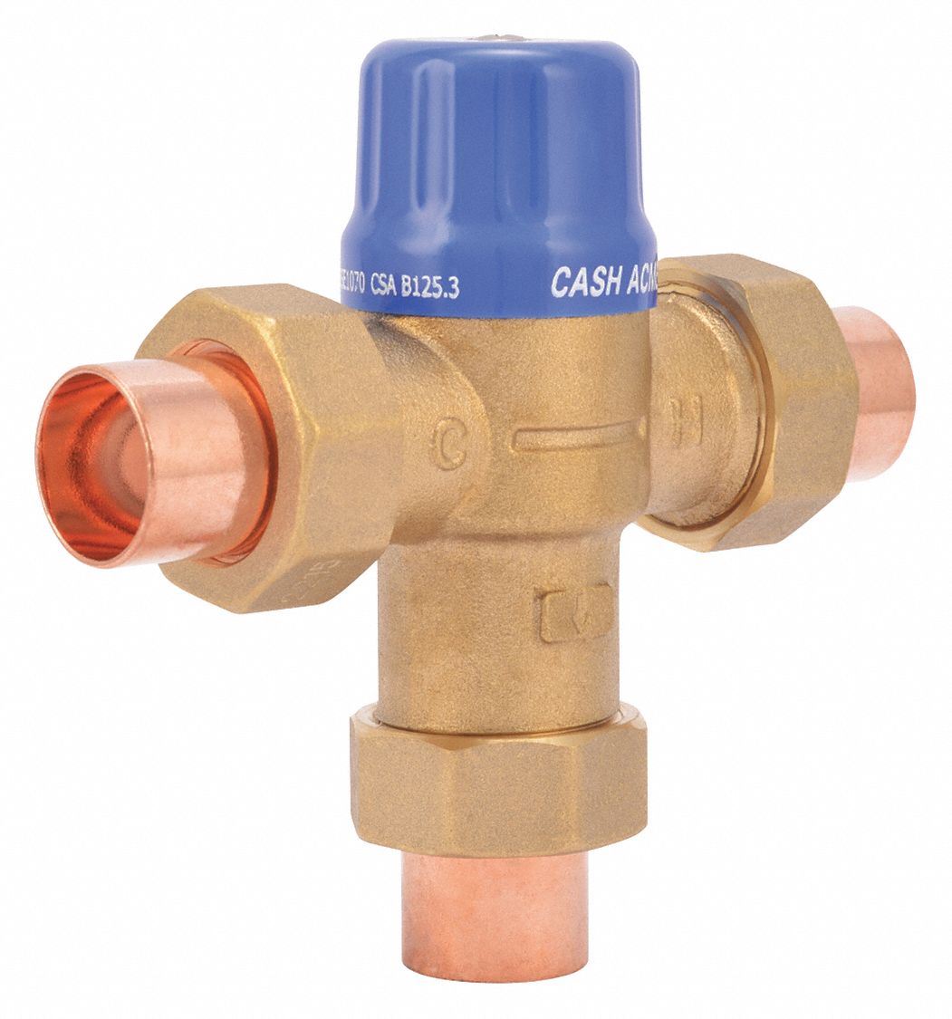 THERMOSTATIC MIXING VALVE, FOR HOT WATER, 3/4 IN SWEAT, 2 5/32 X 5 5/8 IN,  DZR BRASS