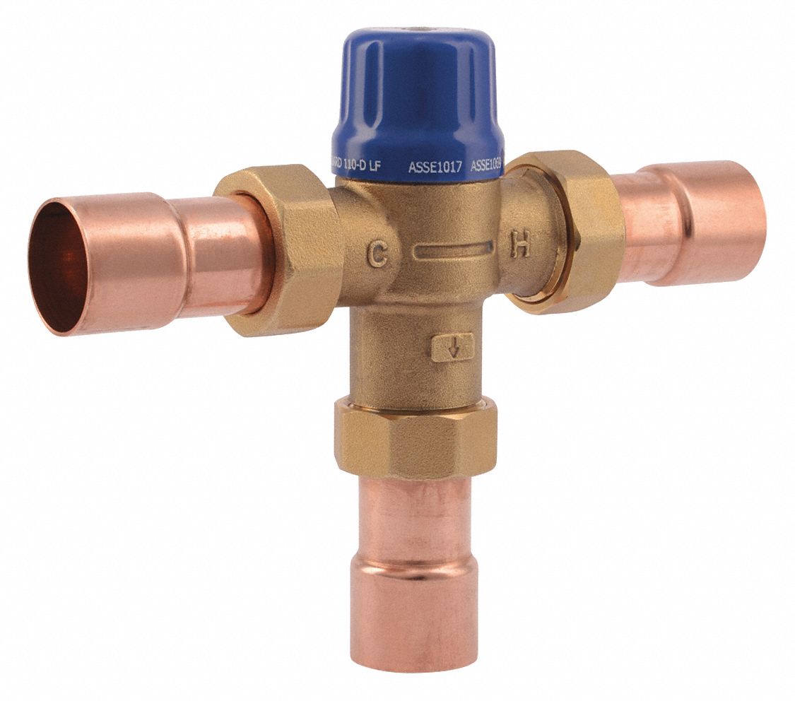 THERMOSTATIC MIXING VALVE, FOR HOT WATER, 1 IN SWEAT, 2 5/32 X 5 5/8 IN, DZR BRASS