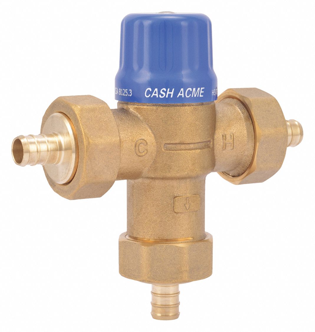 THERMOSTATIC MIXING VALVE, FOR HOT WATER, 1/2 IN BARB, 2 5/32 X 5 5/8 IN, DZR BRASS