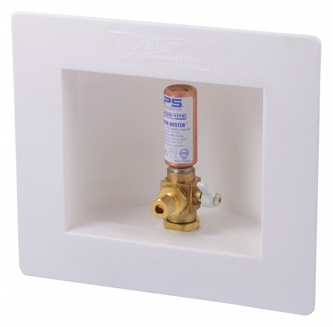 SHARKBITE OUTLET BOX, ICE MAKER, SINGLE LEVER, 1/2 IN INLET, 53/4 X 4