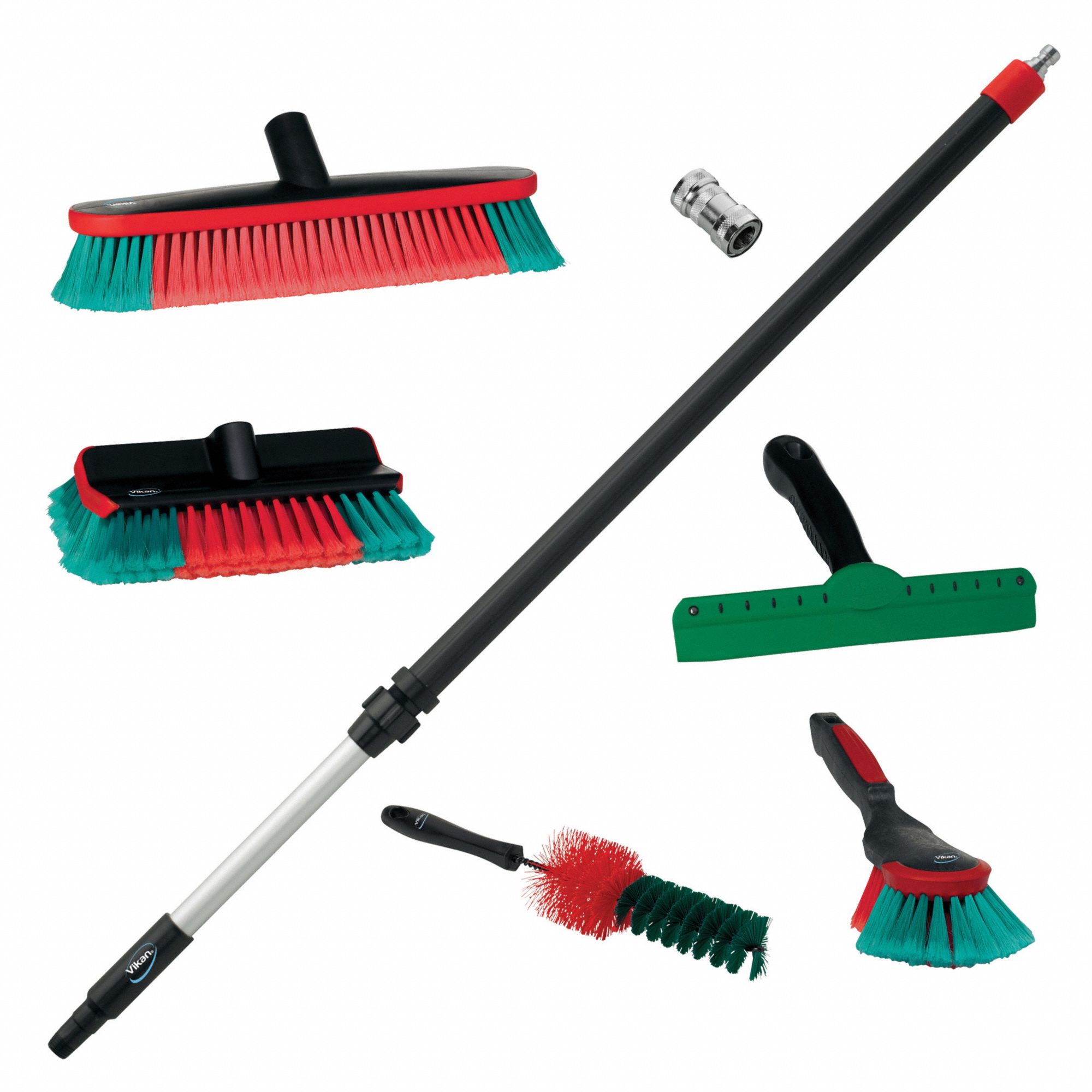 MULTI-BROOM KIT, RED/GRN/BLK, 14 1/2 IN SWEEP FACE/2 IN TRIM/42 IN L HANDLE, AL/PP/POLY