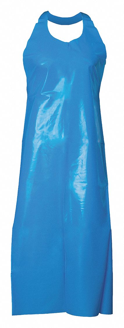 DIE-CUT APRON, REUSABLE, RAW SEAM, BLUE, 45 IN L, 6 MIL, POLYURETHANE