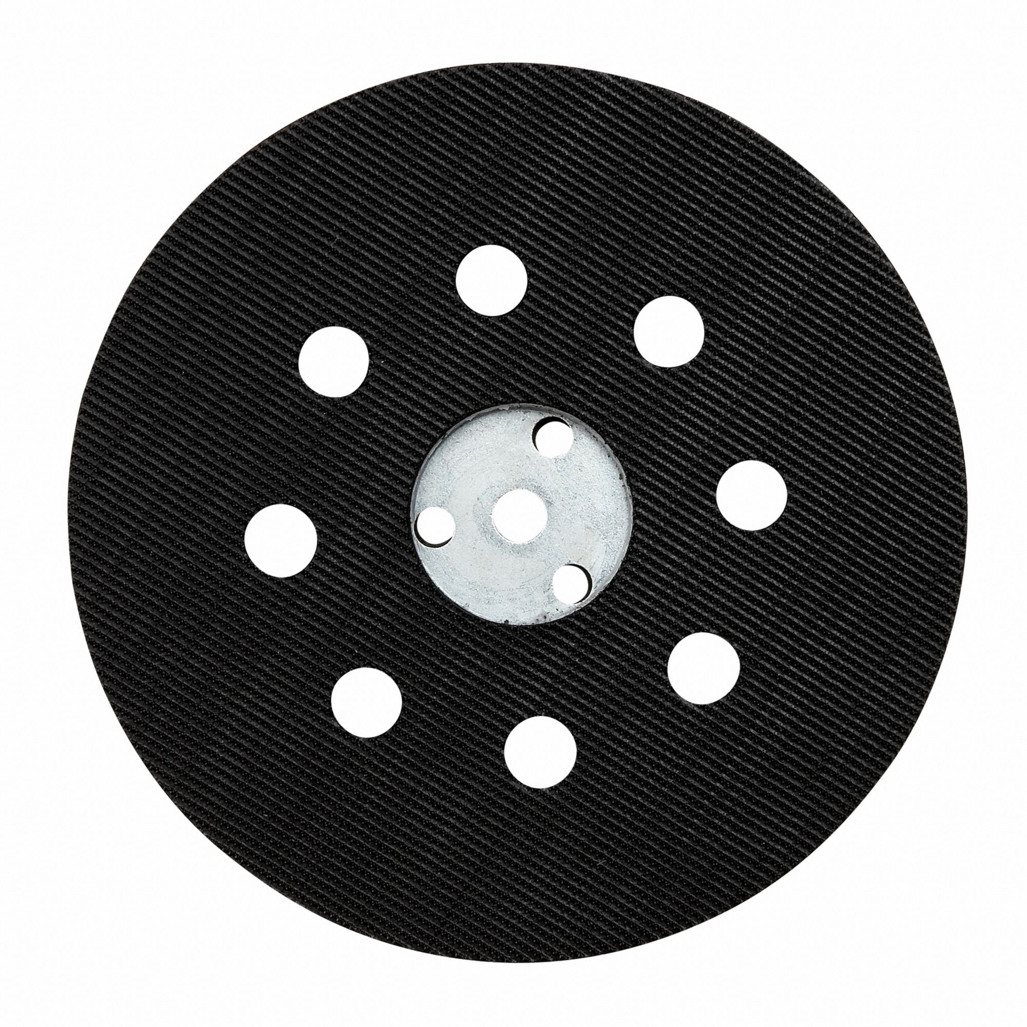 Soft Sanding Pad: 5 in Wd, Round, Hook and Loop, Soft, 8 Vacuum Holes, Rubber