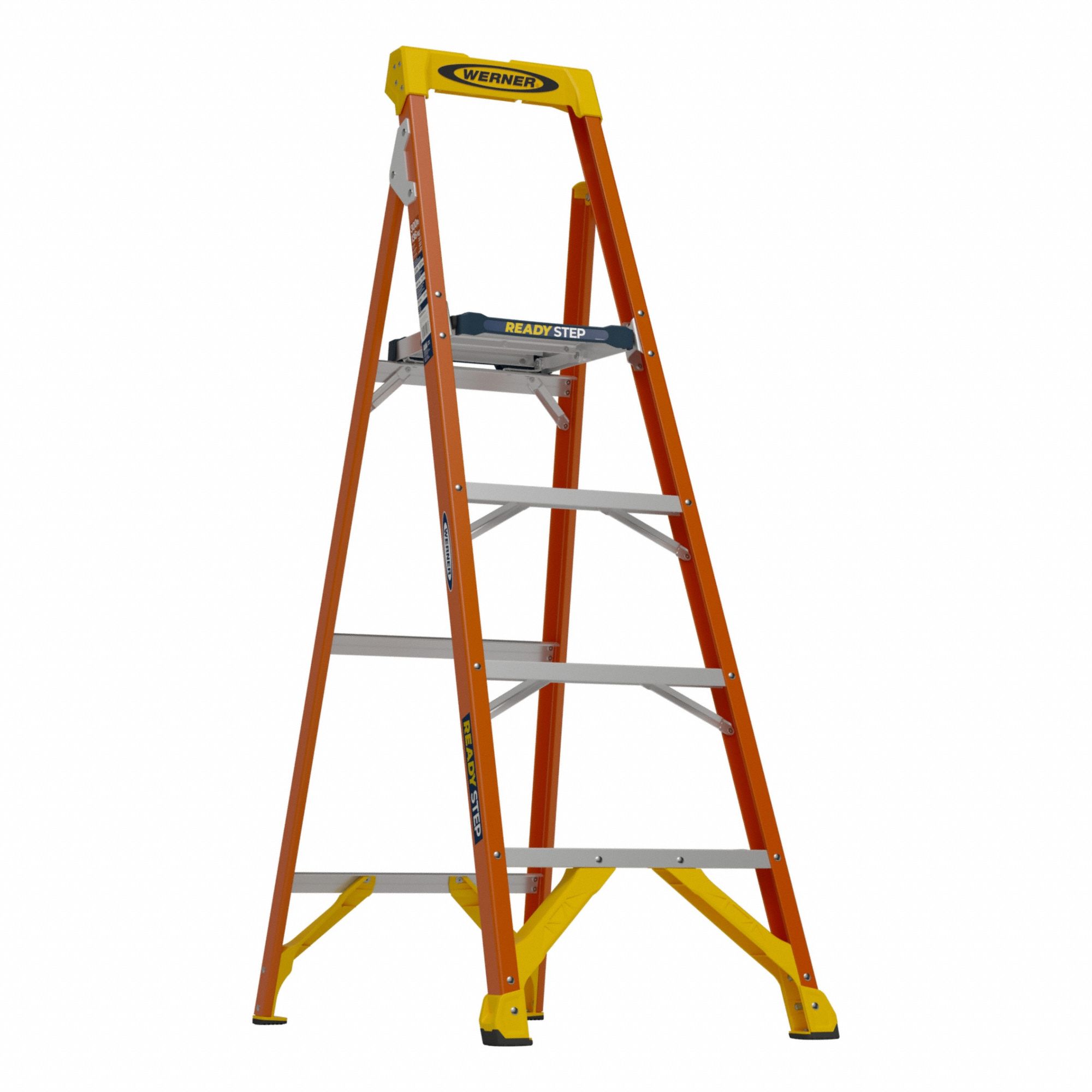 WERNER Step Ladder: 6 ft Ladder Size, Fiberglass, 300 lb Load Capacity, 16 lb Wt, 12 in x 12.5 in (MPN RS1A06). Key specifications — Brand: WERNER; Included Features: Impact-Resistant Bracing.