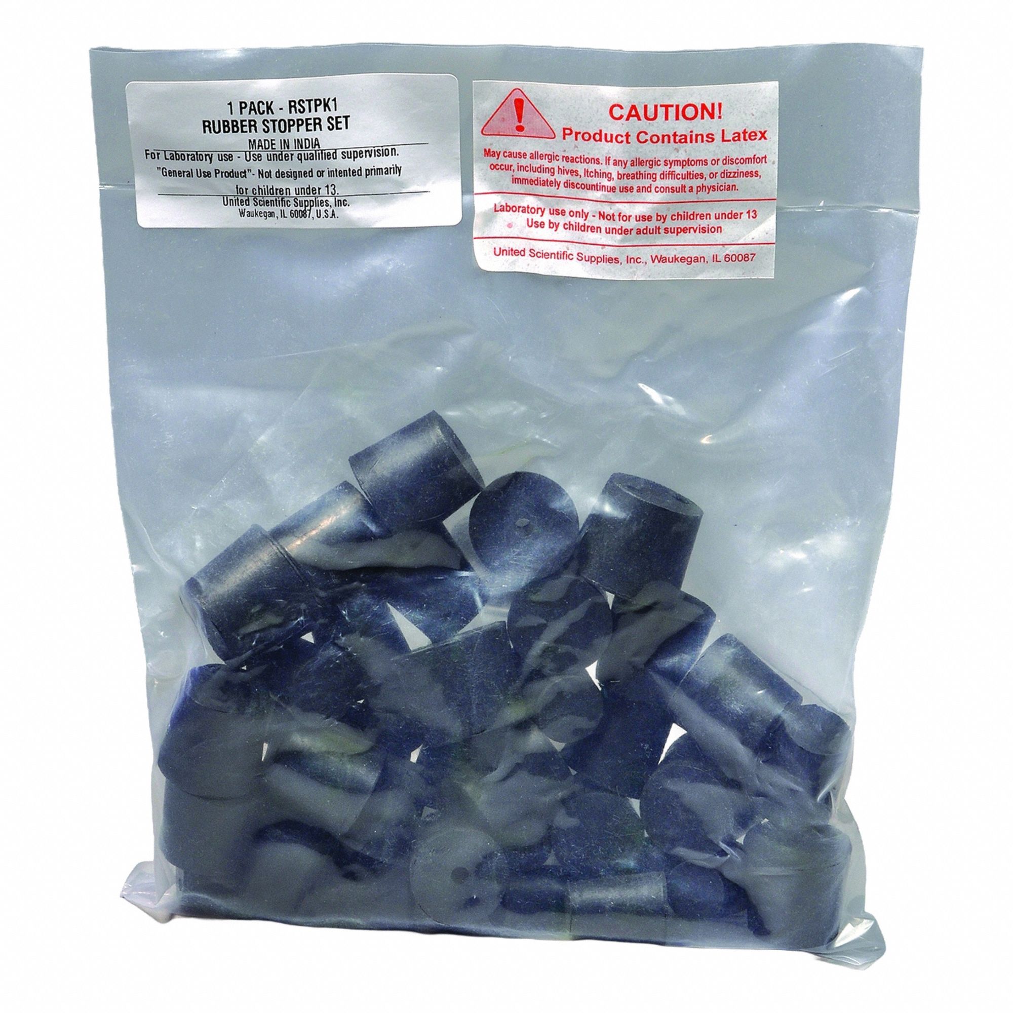 Stopper: Rubber, 2 to 8 Stopper Size, 25 mm Overall Ht, Black, Autoclavable, 2 Holes (MPN RSTPK4). Key specifications — Brand: UNITED SCIENTIFIC SUPPLIES INC; Color: Black; Stopper Size: 2 to 8; Material: Rubber.