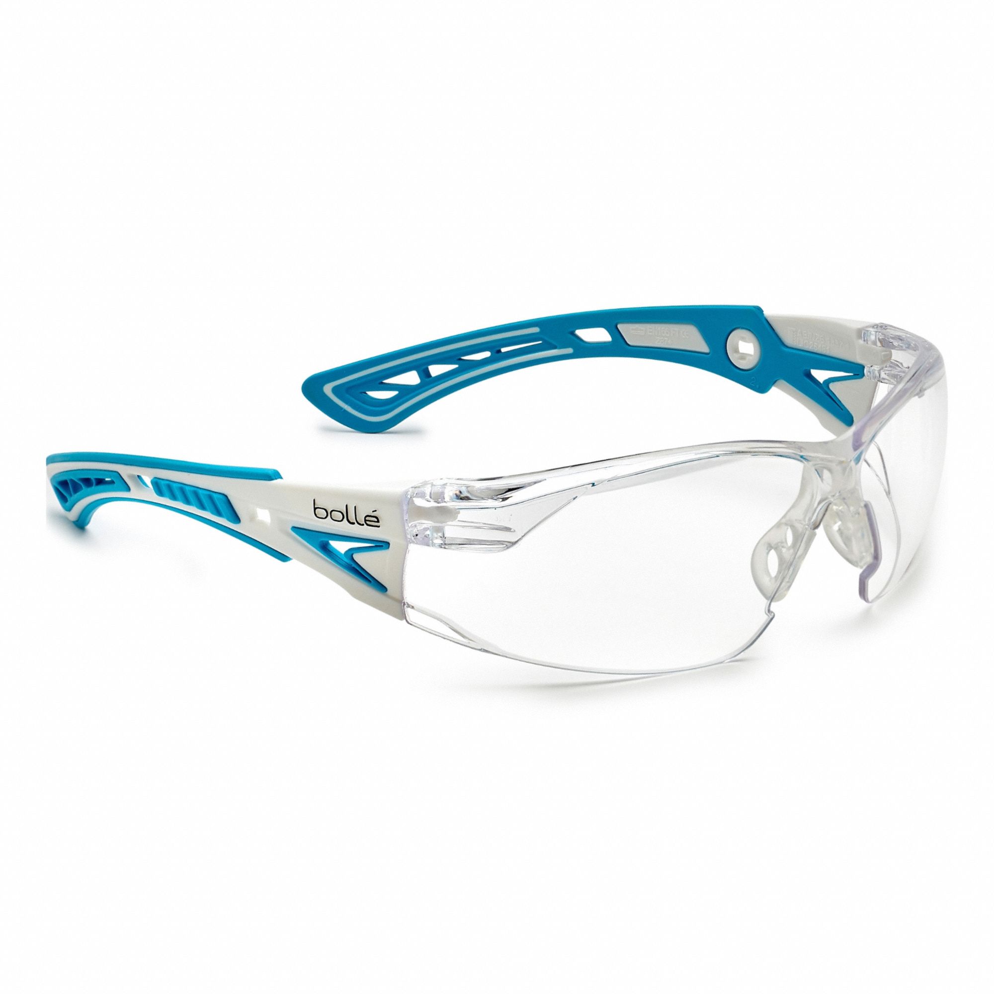 Safety Glasses: Clear Lens, Frameless, Platinum, Blue/White Frame, Rush+ Series