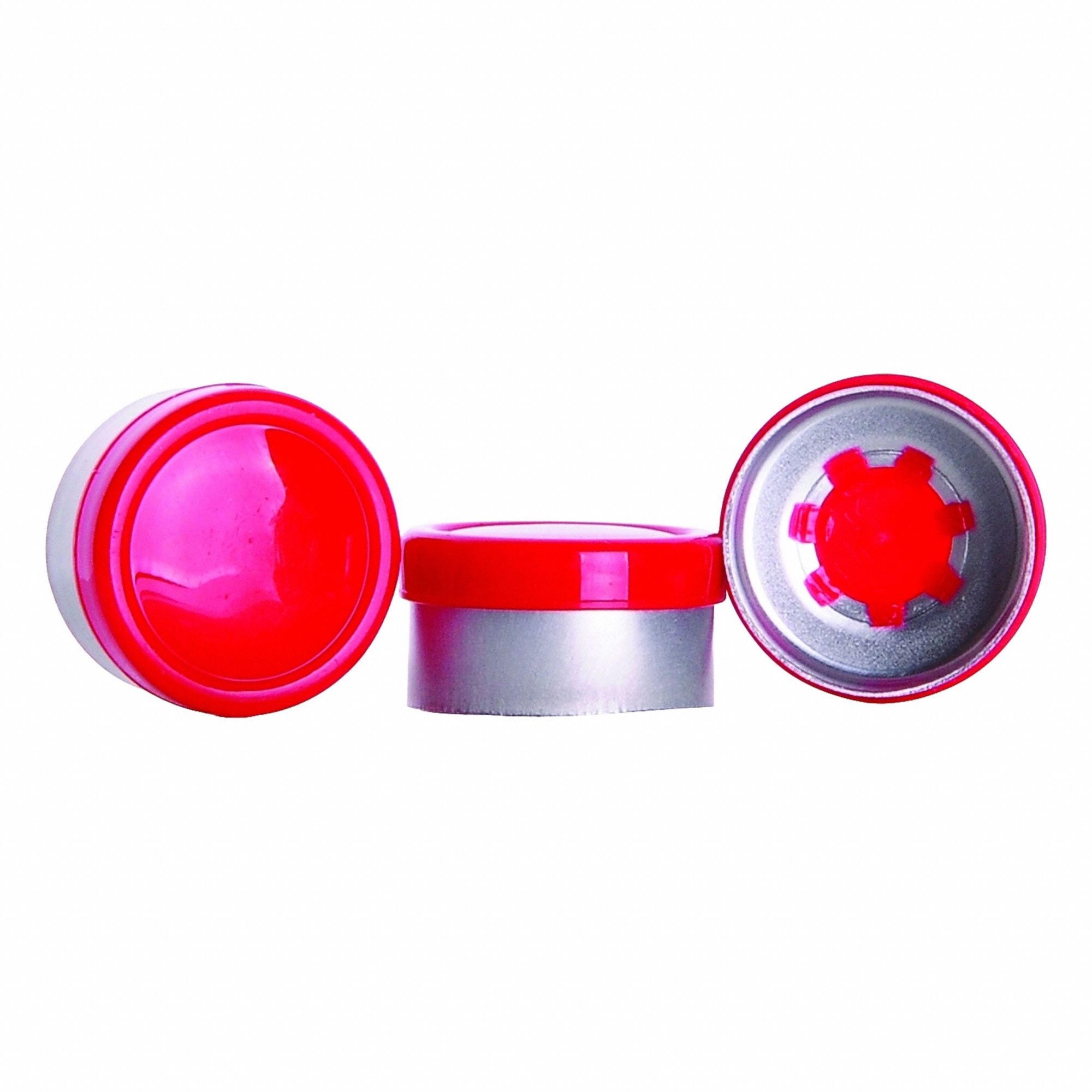 Lab Bottle Caps: 13 mm Dia, Silver, Aluminum, Unlined, 1,000 Closures Included, Colored (MPN W224202). Key specifications — Closure Type: Flip Cap; Clarity: Colored; Septa Included: No; Vented: No; Brand: WHEATON; Closure Color: Silver; Closure Liner Material: Unlined.