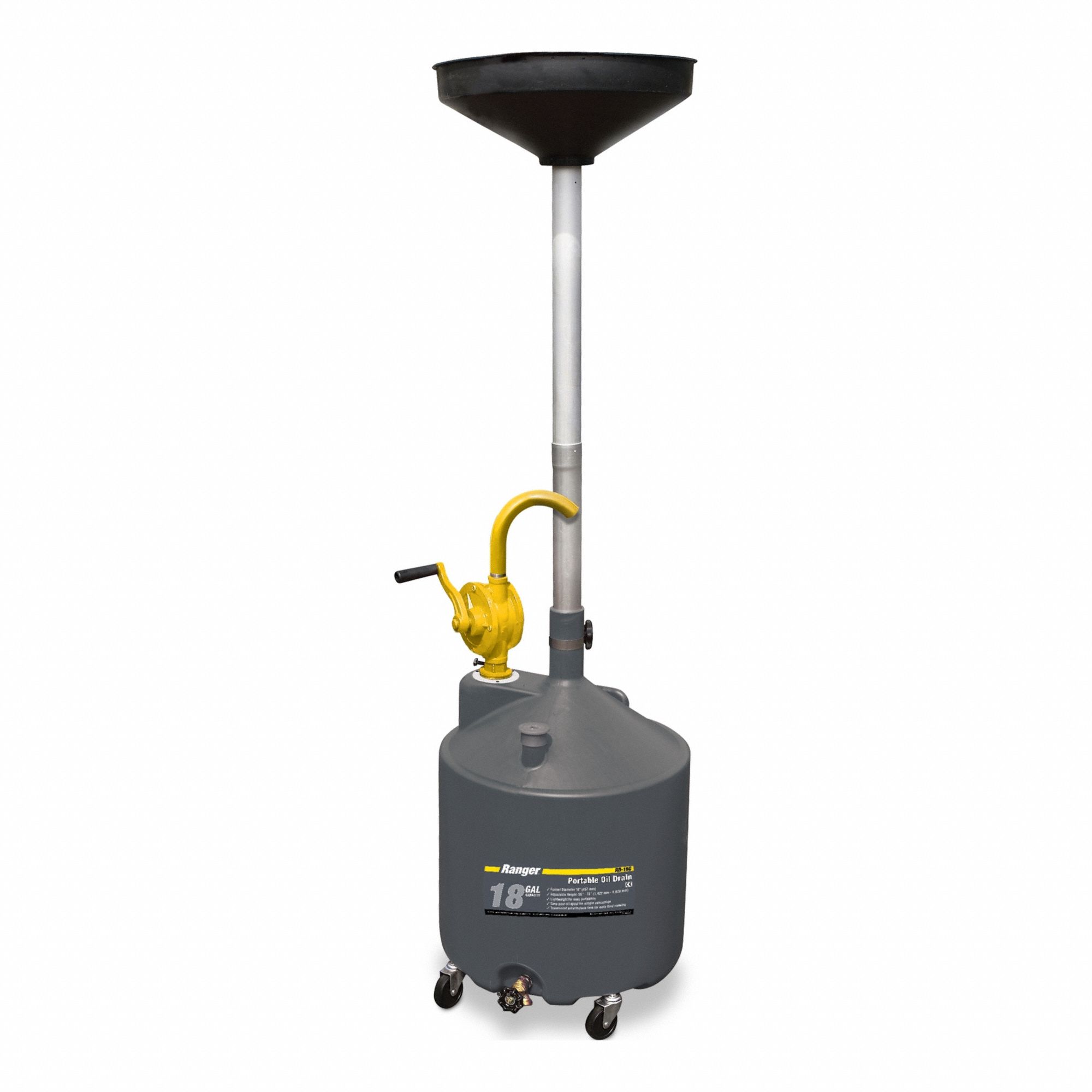 Portable Oil Drain: 18 gal Capacity, 18 in Overall Dia, 72 in Overall Ht, 18 in Overall Lg, Clear