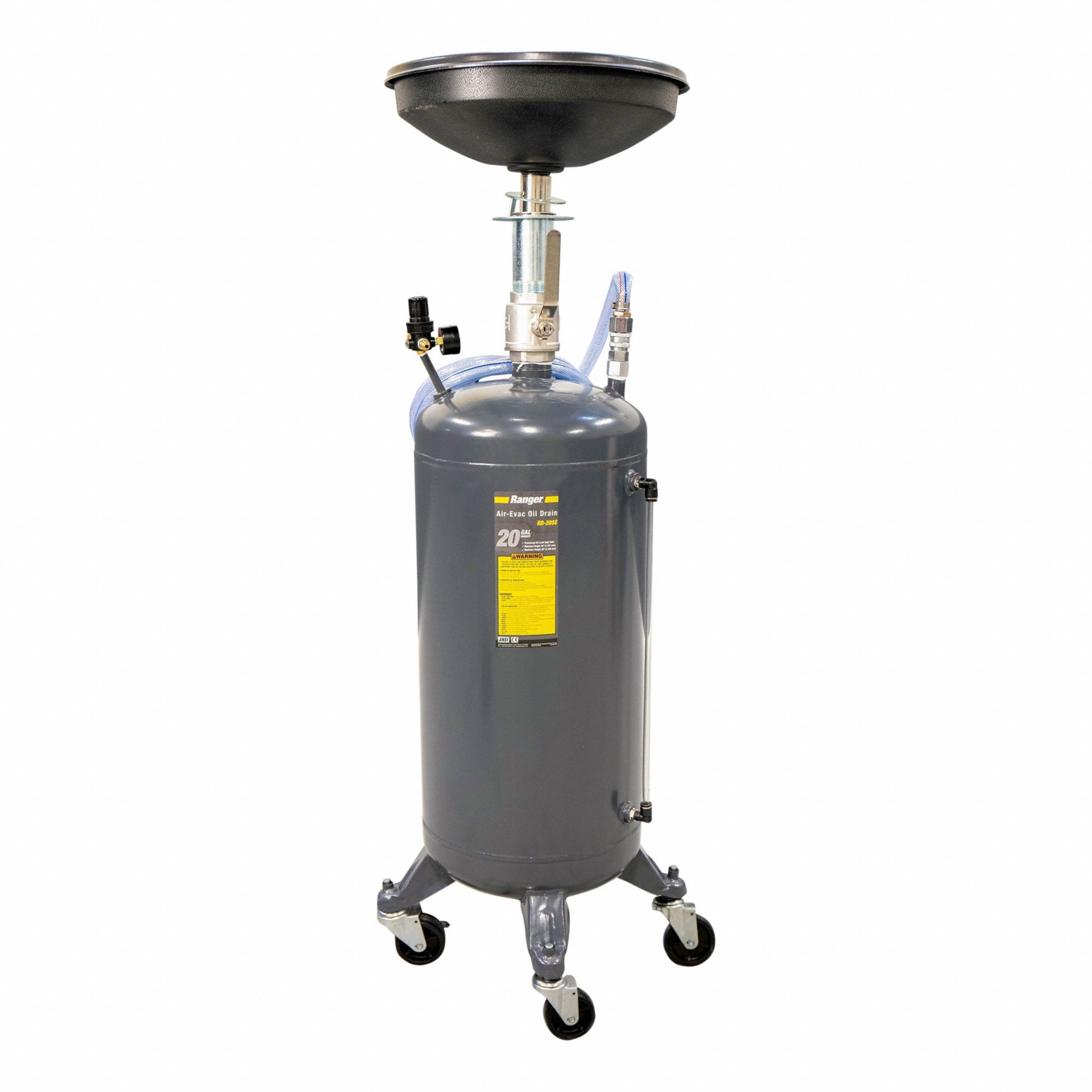 Portable Oil Drain: 20 gal Capacity, 18 in Overall Dia, 83 in Overall Ht, 18 in Overall Lg, Gray