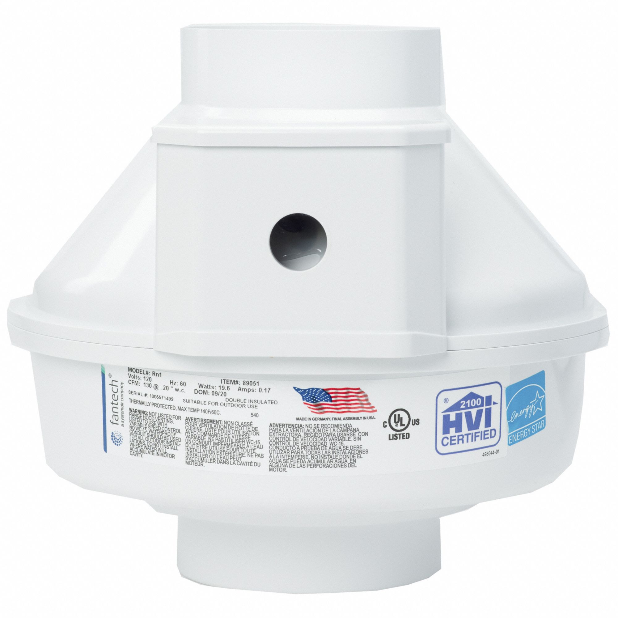 Radon Fan: 154 cfm Max., 4 1/2 in Duct, 20 W, 120V AC, 1 Ph, IP44, 60 Hz Freq, Plastic