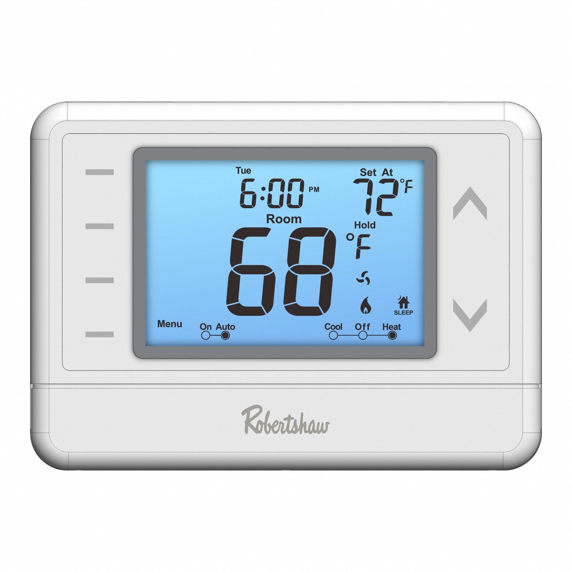 ROBERTSHAW Thermostat: Heat and Cool, Manual, B/C/G/O/Rc/Rh/W/W2/Terminal Designations/Y2, Rectangle (MPN RS9220). Key specifications — Application: Heat and Cool; Stages: Multi-Stage 2H/2C Programmable; Programming Capability: 7 Day; Shape: Rectangle; Terminal Designations: O; Temperature Control Range: 44 to 90 °F; Changeover Type: Manual; Brand: ROBERTSHAW.