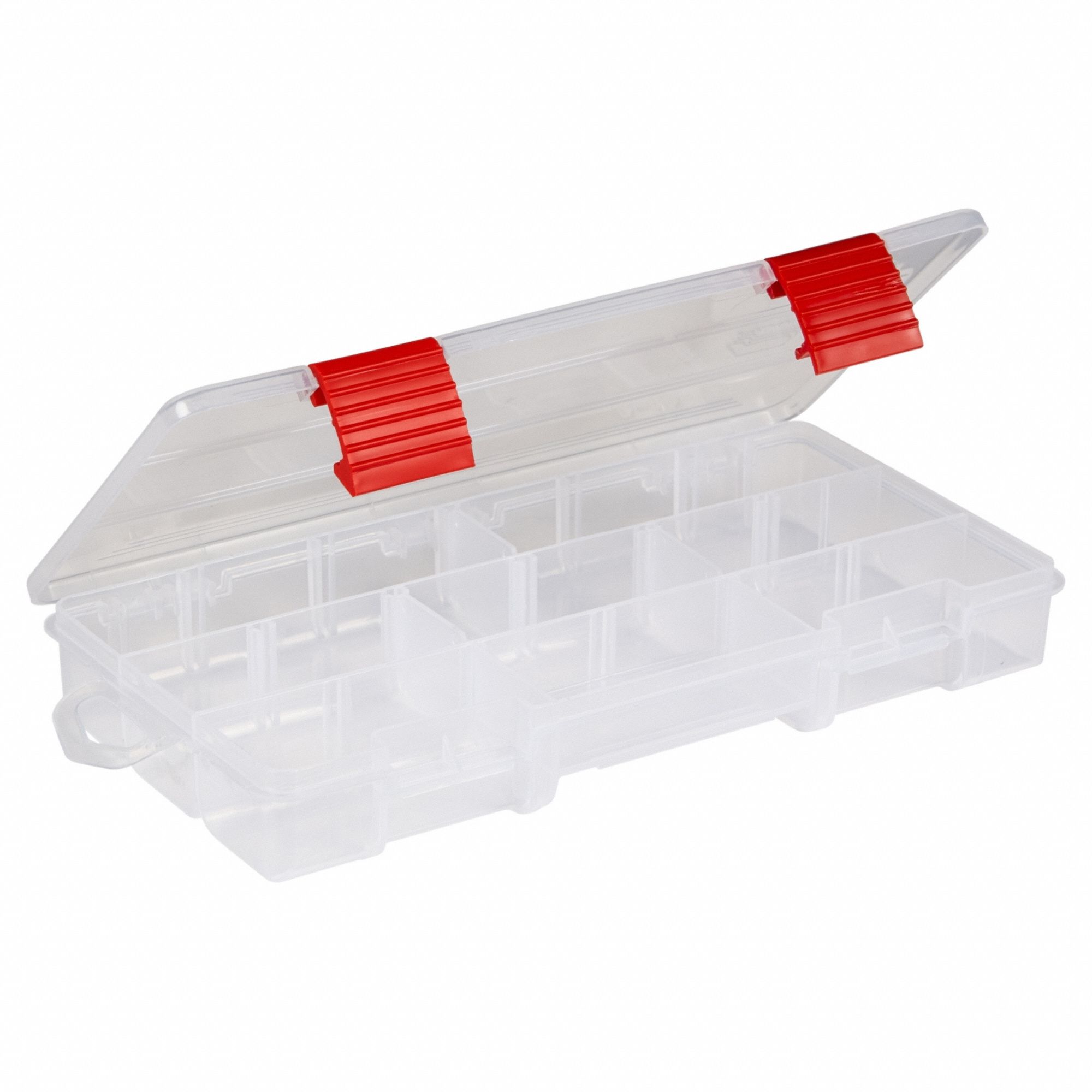 Compartment Box: 9 1/8 in x 5 in x 1 1/4 in, Clear, 9 Compartments, 4 Adj Dividers