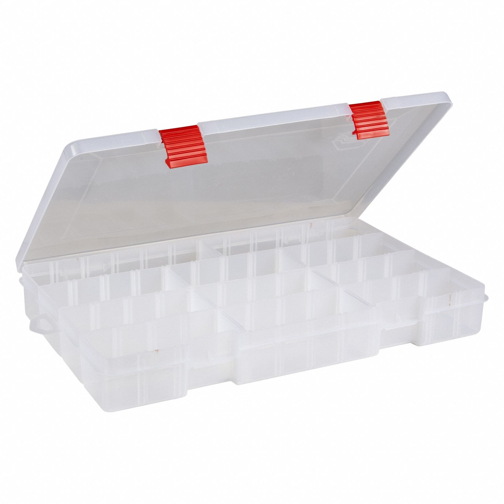 Compartment Box: 14 in x 9 in x 2 in, Clear, 24 Compartments, 20 Adj Dividers, Latch