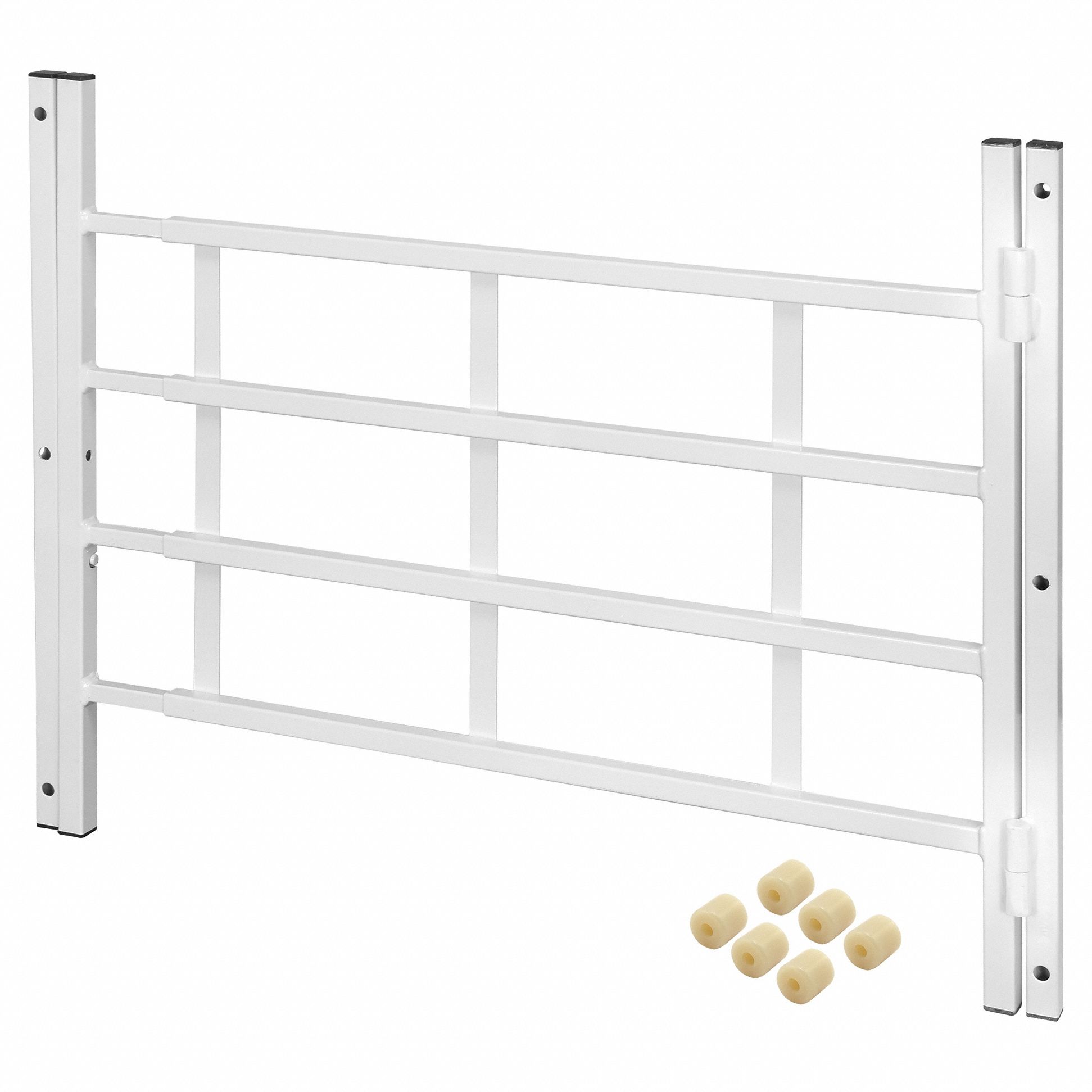 Window Security Guard: Hinged, 23 1/2 in to 38 in, 21 1/4 in Ht, 4 Bars, White, Inside