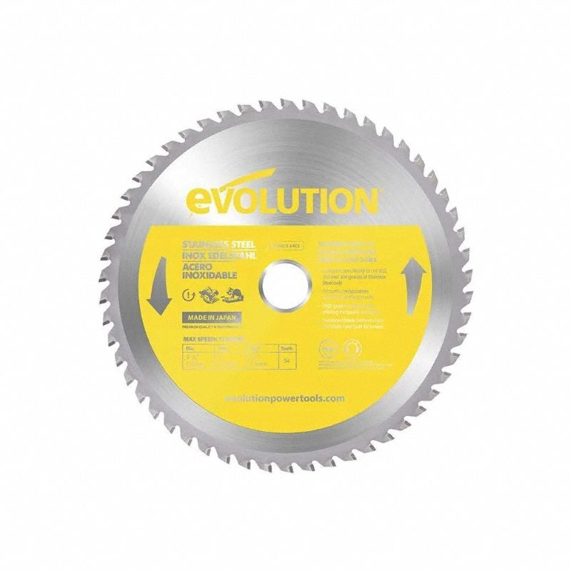 EVOLUTION Circular Saw Blade: 8 1/4 in Blade Dia., 54 Teeth, 0.08 in Cut Wd, 1 in Arbor Size (MPN S210TCT-54CS). Key specifications — attr1116119: EVOLUTION; attr1145631: Stainless Steel.