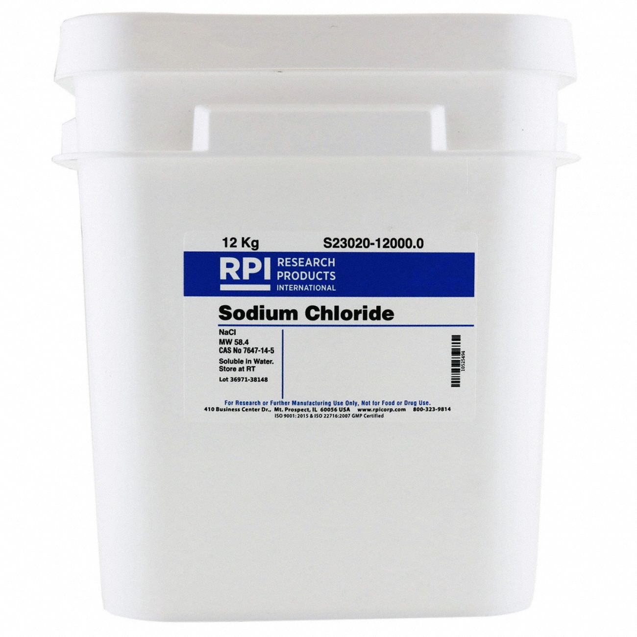 Sodium Chloride: USP, 12 kg, 7647-14-5, Reagent, Powder, 18 mo Shelf Life, 1