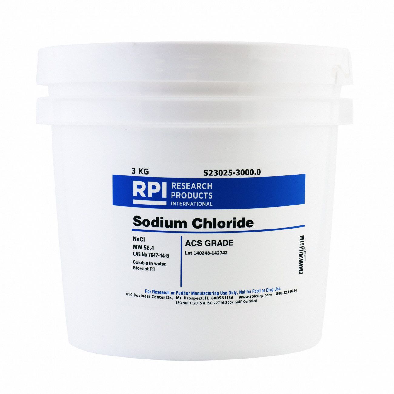 Sodium Chloride: ACS, 3 kg, 7647-14-5, Reagent, Powder, 18 mo Shelf Life, 1