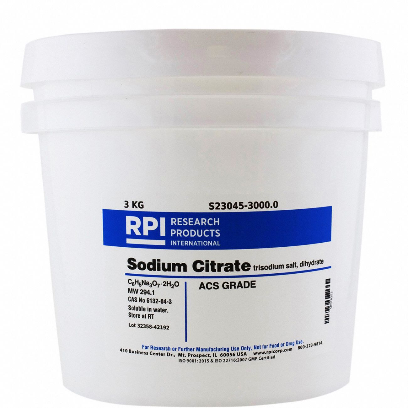 Sodium Citrate, Trisodium Salt, Dihydrate: ACS, 3 kg, 6132-04-3, Acid, Powder, 18 mo Shelf Life, 1