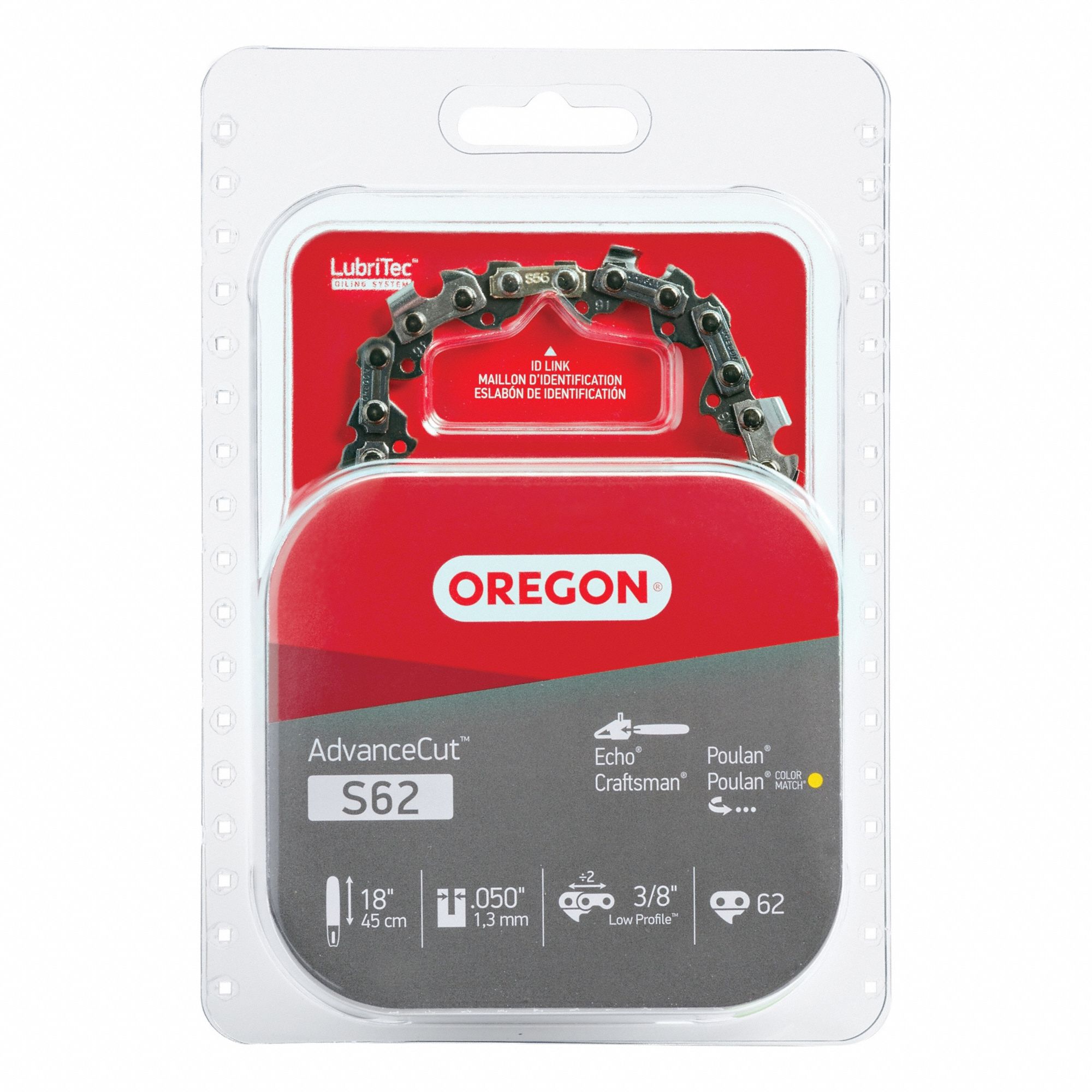 Chainsaw Chain: 18 in Compatible Bar Lg, 3/8 in, 0.05 in Gauge, 62 Links, 5/32 in File Size