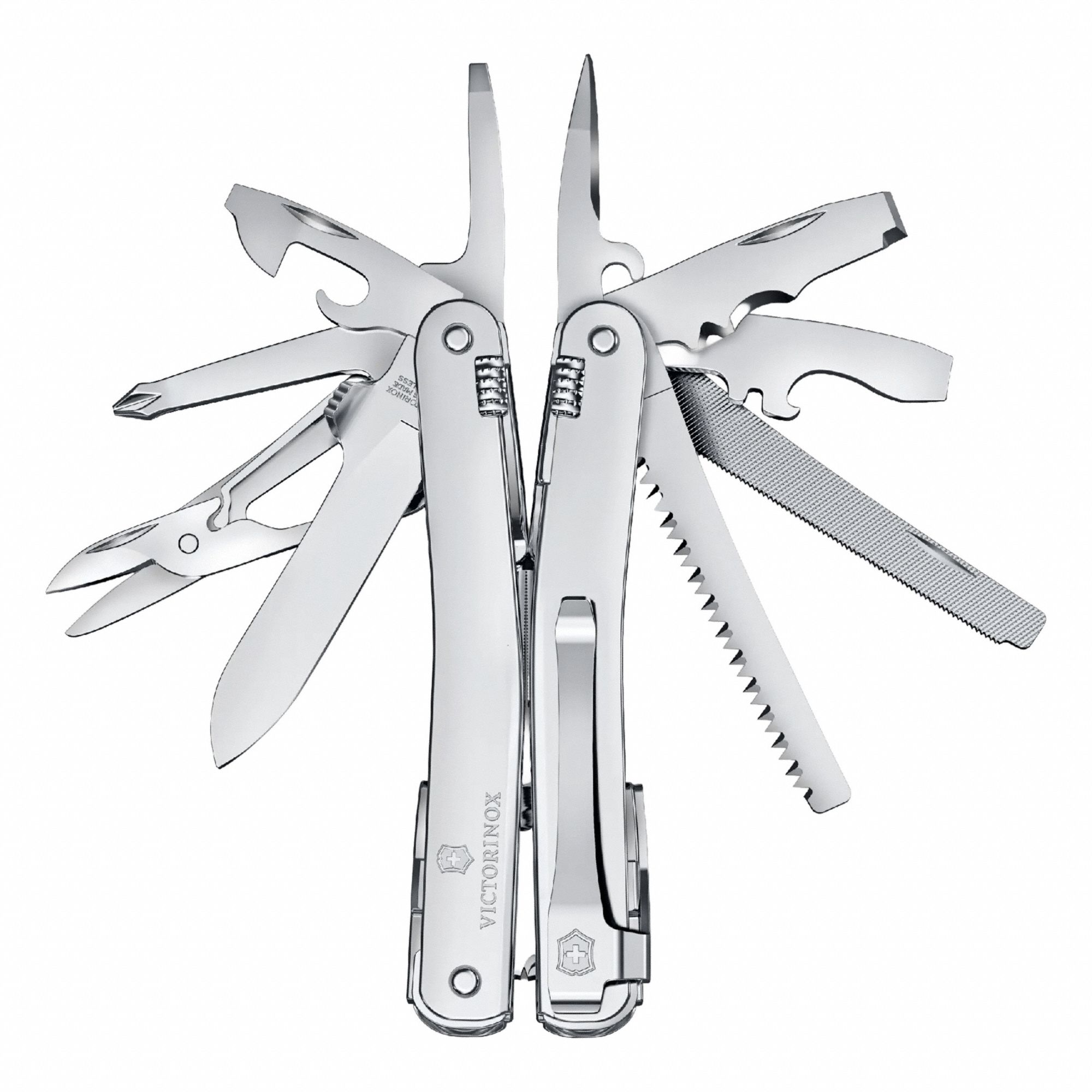 VICTORINOX SWISS ARMY Multi-Tool: Multi-Tool Plier, 24 Tools, 24 Functions, 4 1/8 in Closed Lg, Gray (MPN 3.0224.MKB1). Key specifications — attr15951: VICTORINOX SWISS ARMY; attr15966: Carry Clip; attr10312: Gray; attr15960: Coupling for Corkscrew and Carry Clip; attr15963: Stainless Steel; attr15971: Multi-Tool Plier; attr15972: Needle-Nose Pliers; attr15981: Tool Spirit MX Clip.