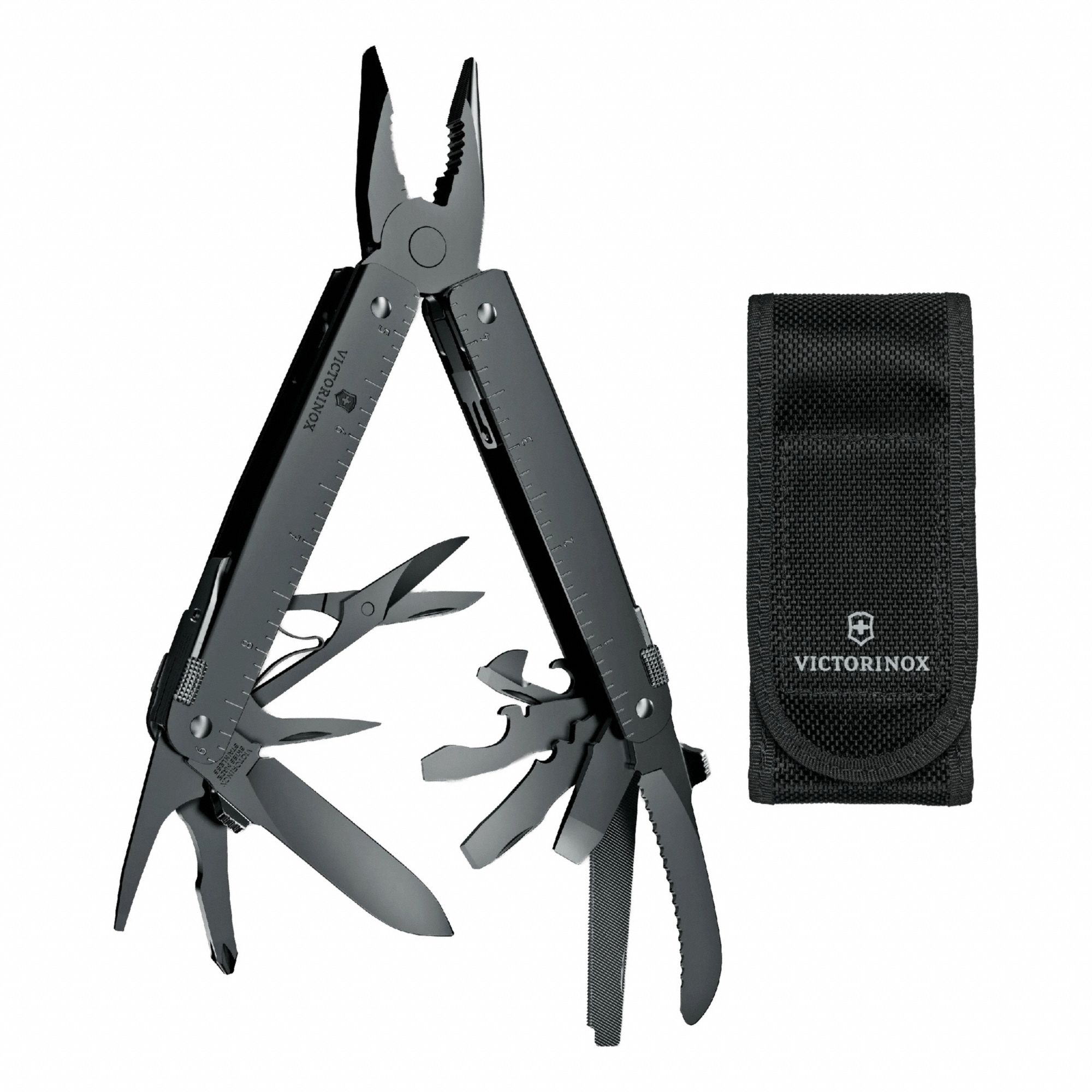 VICTORINOX SWISS ARMY Multi-Tool: Multi-Tool Plier, 26 Tools, 26 Functions, 4 1/2 in Closed Lg, MXBS (MPN 3.0326.M3N). Key specifications — attr15951: VICTORINOX SWISS ARMY; attr15966: Pouch; attr10312: Black; attr15960: Lanyard Hole; attr15963: Stainless Steel; attr15971: Multi-Tool Plier; attr15972: 3 mm Screwdriver; attr15981: MXBS.