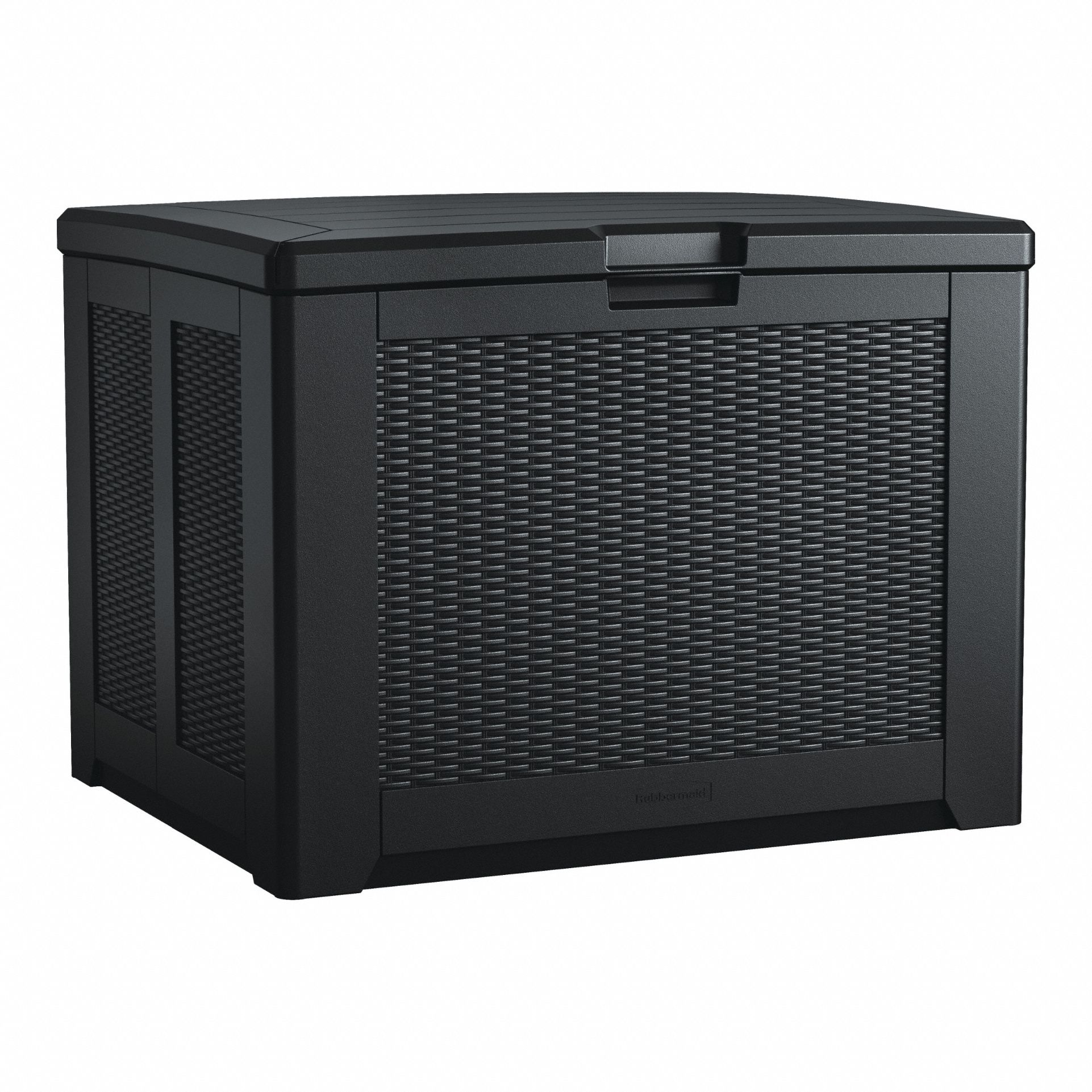 Deck Box: 36 1/2 in W x 33 1/4 in H, 9.9 cu ft, Charcoal, 35 1/2 in L x 32 1/4 in H (MPN 2193948). Key specifications — Brand: RUBBERMAID; Material: Resin; Color: Charcoal.