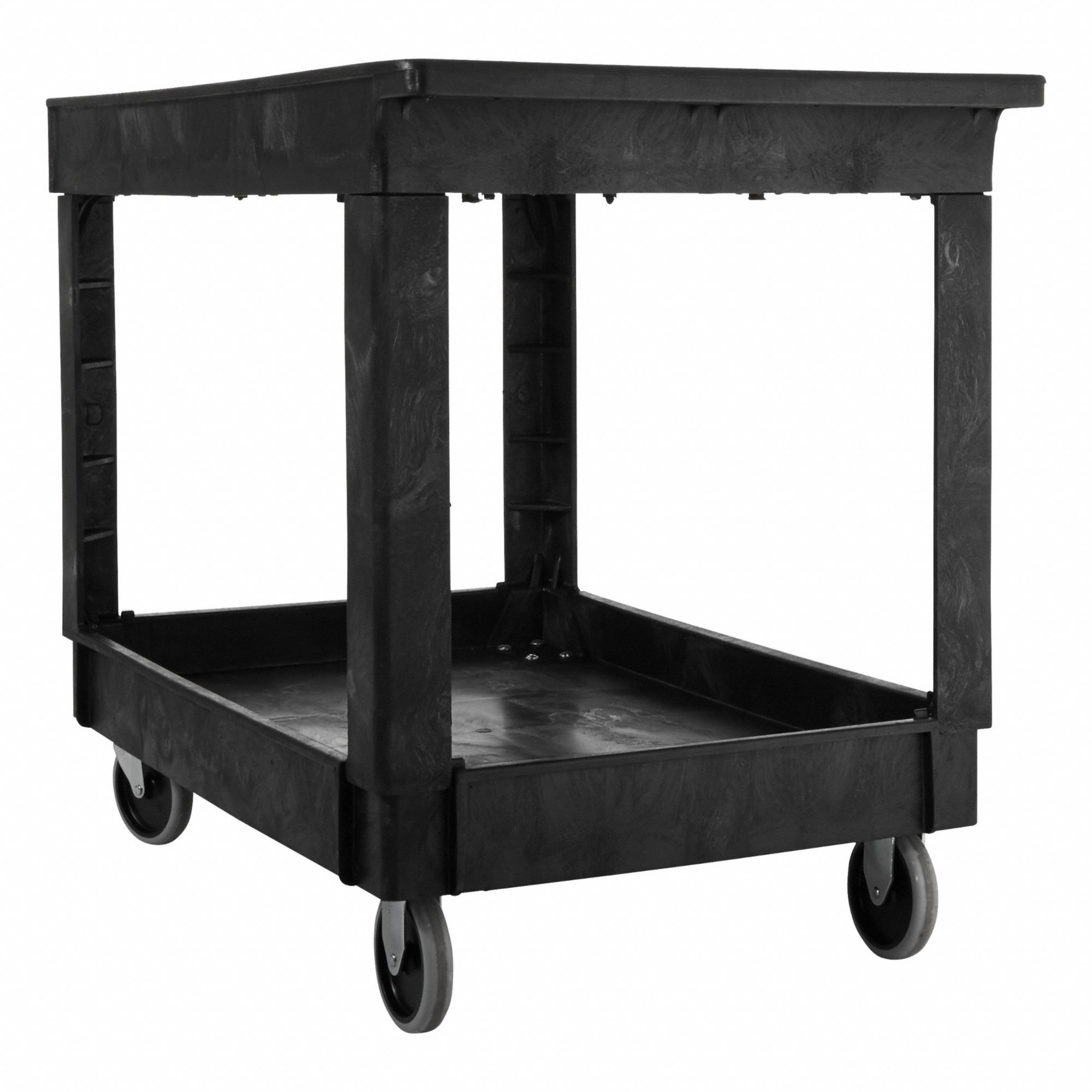 RUBBERMAID COMMERCIAL PRODUCTS Utility Cart: 500 lb, 2 Shelves, 26 in L x 33 in W Self, Black, Flat (MPN FG9T6700BLA). Key specifications — Shelf Color: Black; Brand: RUBBERMAID COMMERCIAL PRODUCTS; Caster/Wheel Configuration: (2) Rigid.